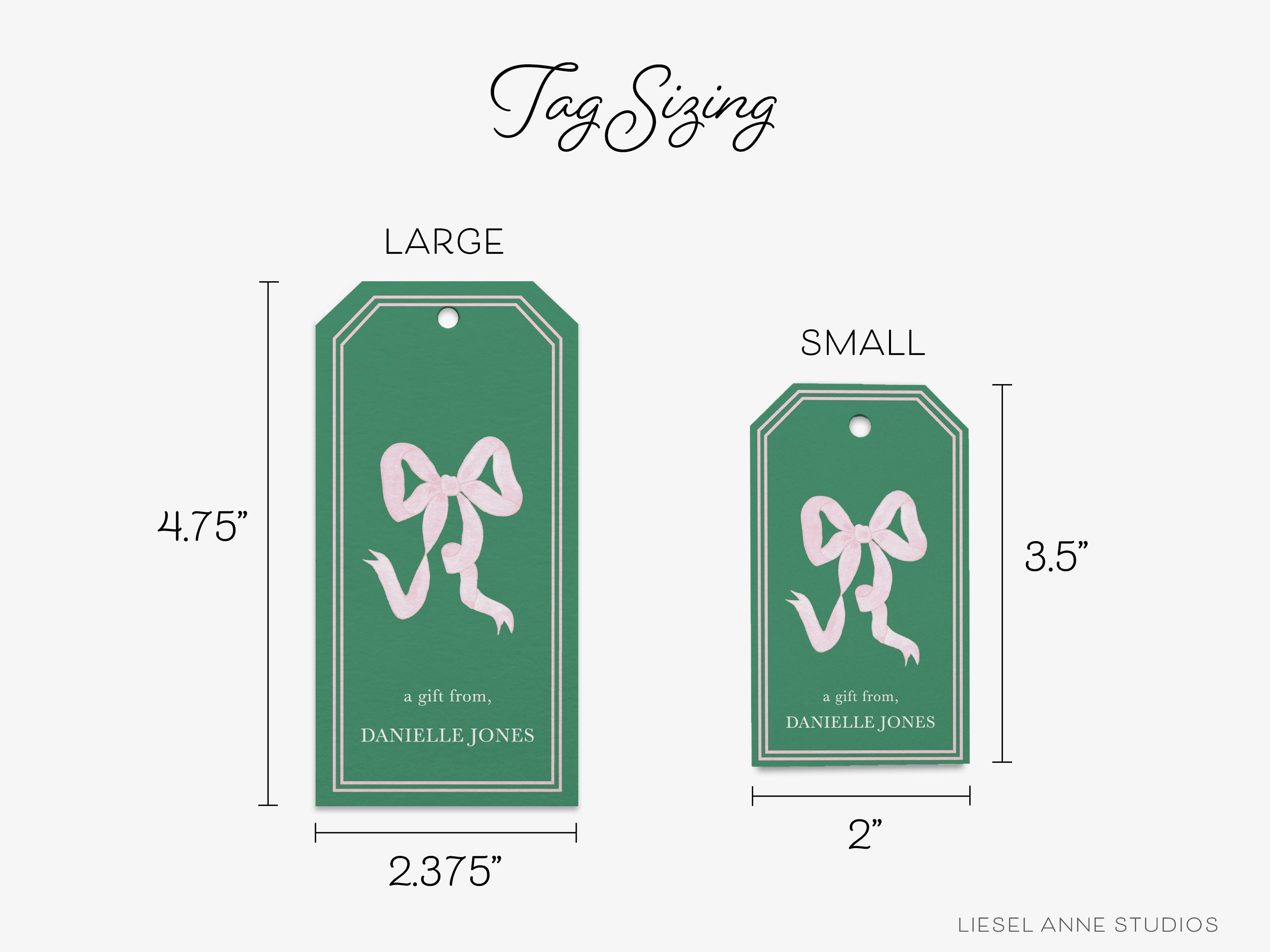 Personalized Green and Pink Bow Gift Tags-These gift tags come in sets, hole-punched with white twine and feature our hand-painted watercolor green bows with a light pink background, printed in the USA on 120lb textured stock. They make great tags for gifting or gifts for the bow lover in your life.-The Singing Little Bird