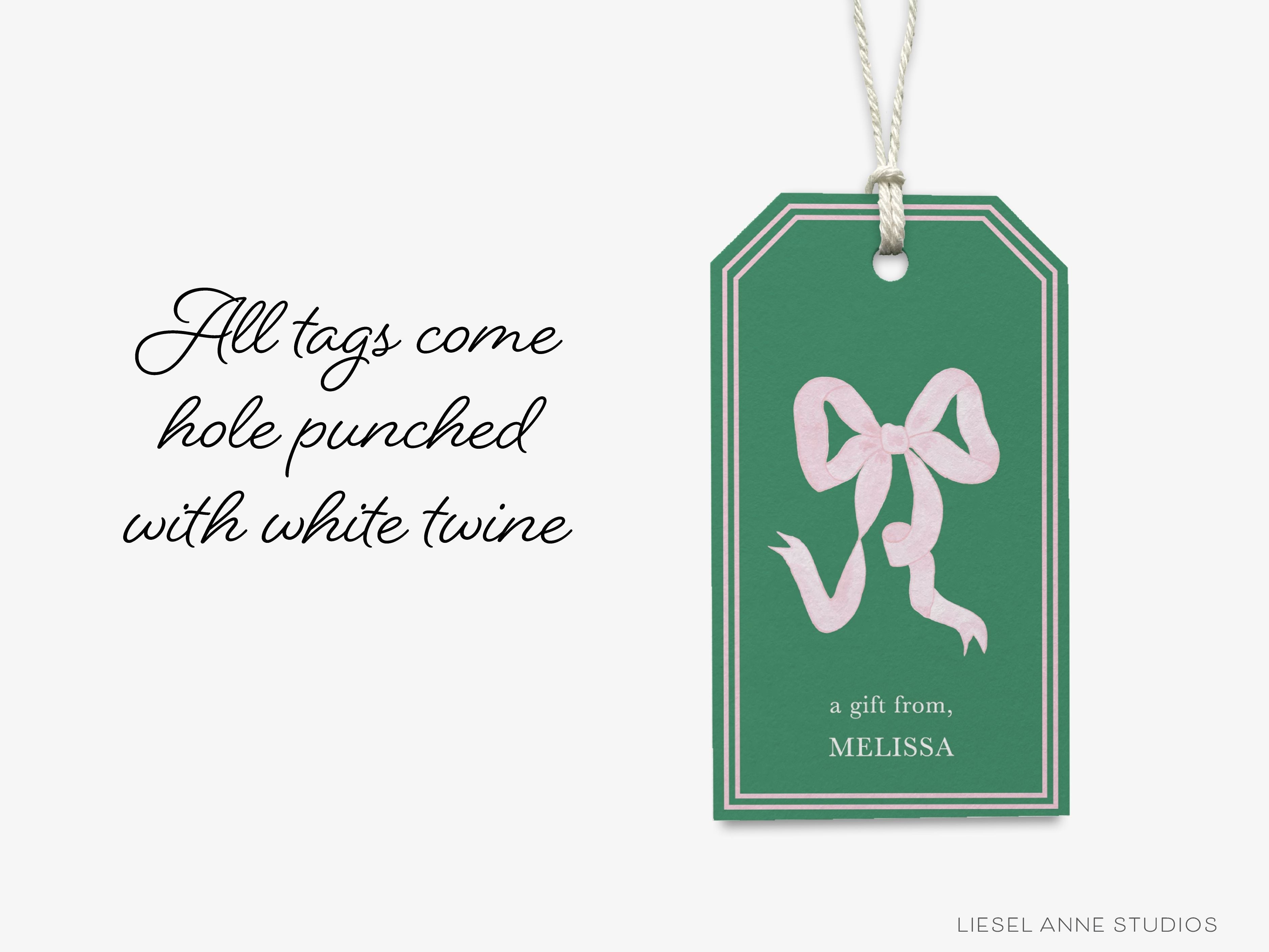 Personalized Green and Pink Bow Gift Tags-These gift tags come in sets, hole-punched with white twine and feature our hand-painted watercolor green bows with a light pink background, printed in the USA on 120lb textured stock. They make great tags for gifting or gifts for the bow lover in your life.-The Singing Little Bird