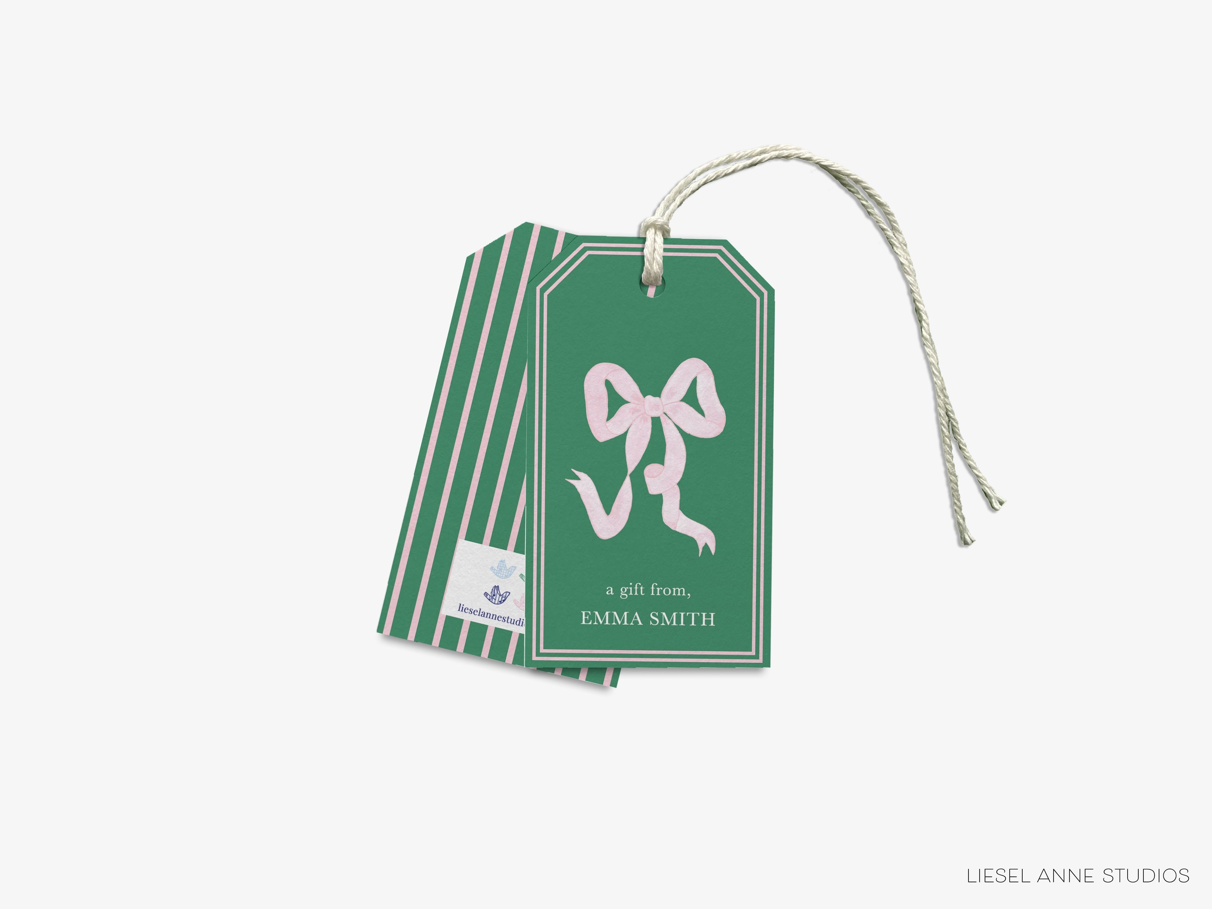 Personalized Green and Pink Bow Gift Tags-These gift tags come in sets, hole-punched with white twine and feature our hand-painted watercolor green bows with a light pink background, printed in the USA on 120lb textured stock. They make great tags for gifting or gifts for the bow lover in your life.-The Singing Little Bird