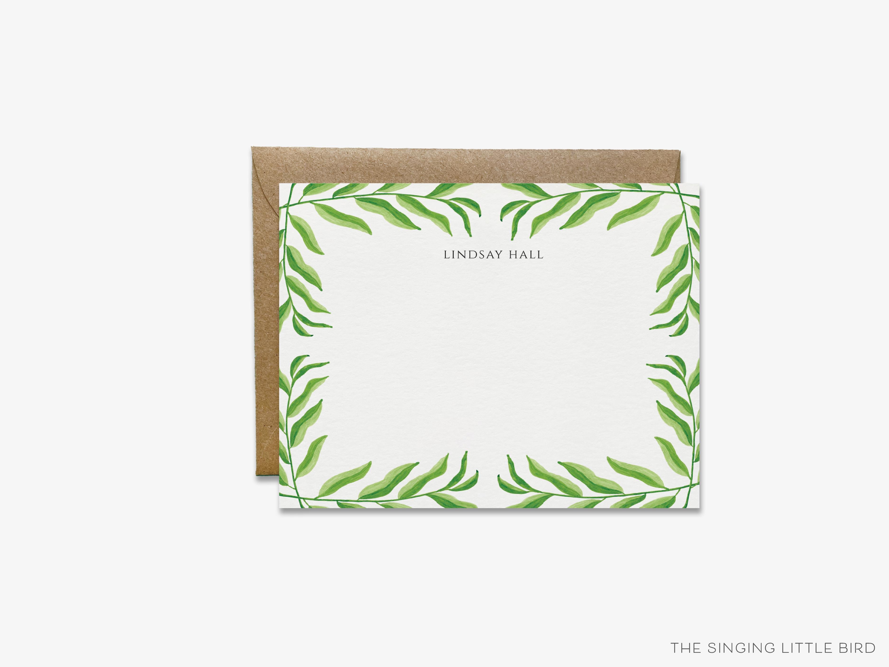 Personalized Greenery Border Flat Notes-These personalized flat notecards are 4.25x5.5 and feature our hand-painted watercolor , printed in tree branch the USA on 120lb textured stock. They come with your choice of envelopes and make great thank yous and gifts for the plant lover in your life.-The Singing Little Bird