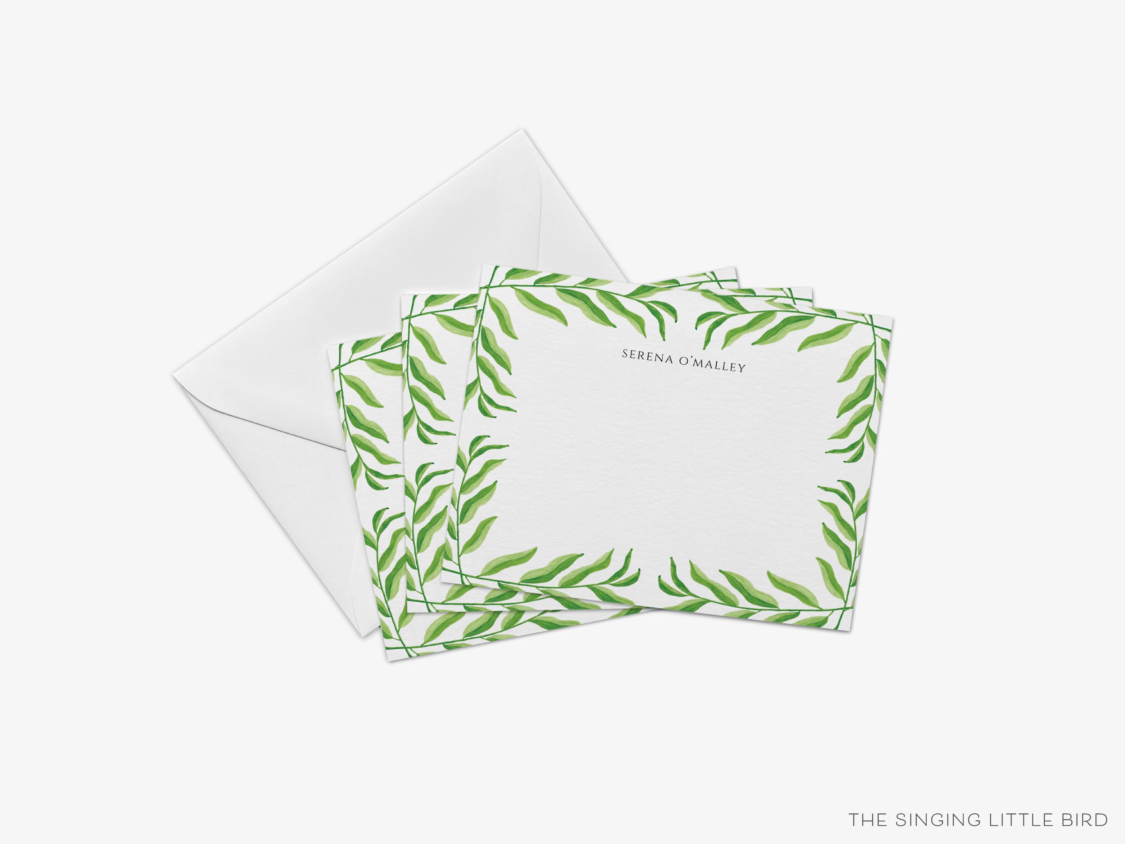 Personalized Greenery Border Flat Notes-These personalized flat notecards are 4.25x5.5 and feature our hand-painted watercolor , printed in tree branch the USA on 120lb textured stock. They come with your choice of envelopes and make great thank yous and gifts for the plant lover in your life.-The Singing Little Bird