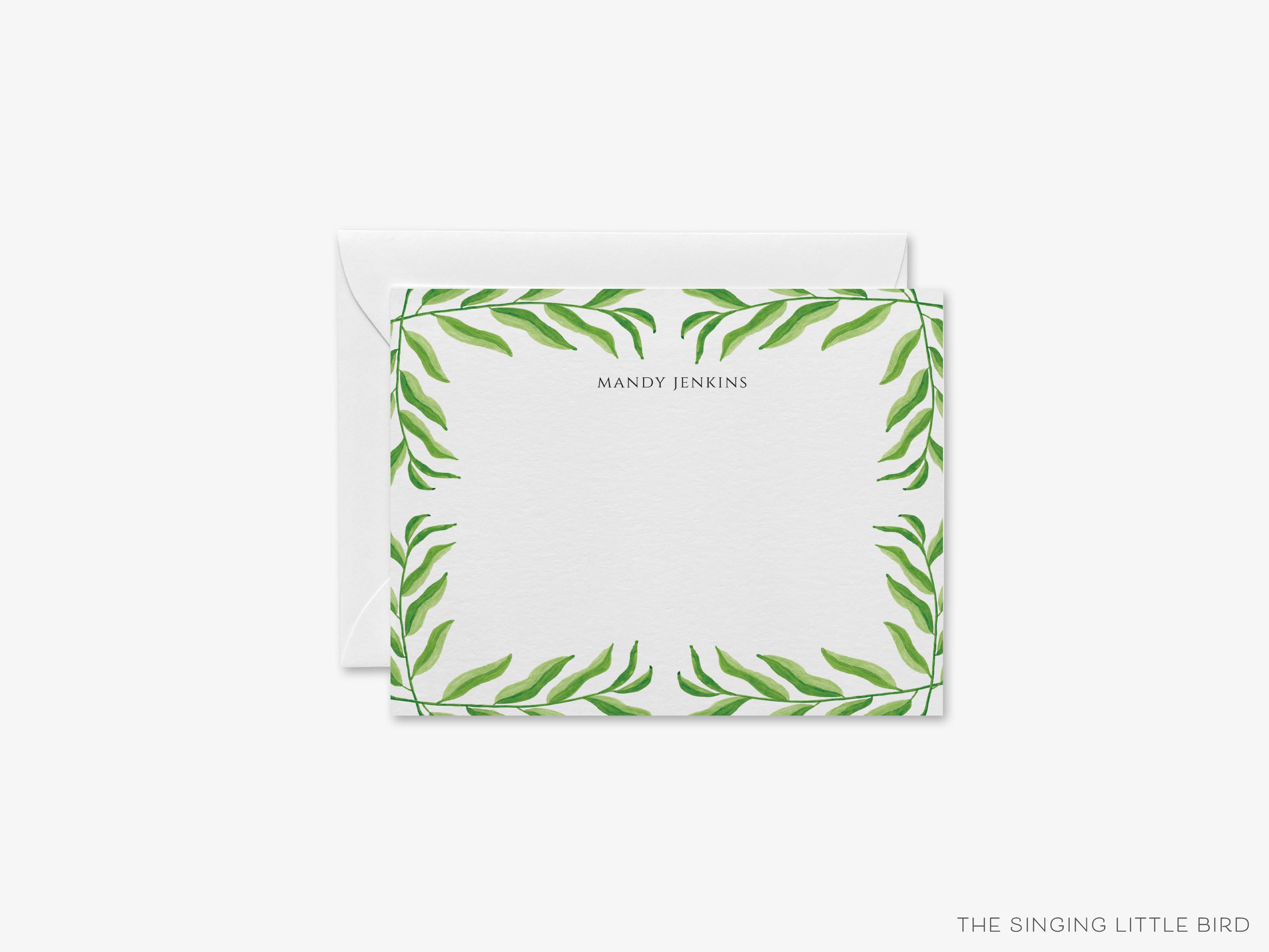 Personalized Greenery Border Flat Notes-These personalized flat notecards are 4.25x5.5 and feature our hand-painted watercolor , printed in tree branch the USA on 120lb textured stock. They come with your choice of envelopes and make great thank yous and gifts for the plant lover in your life.-The Singing Little Bird