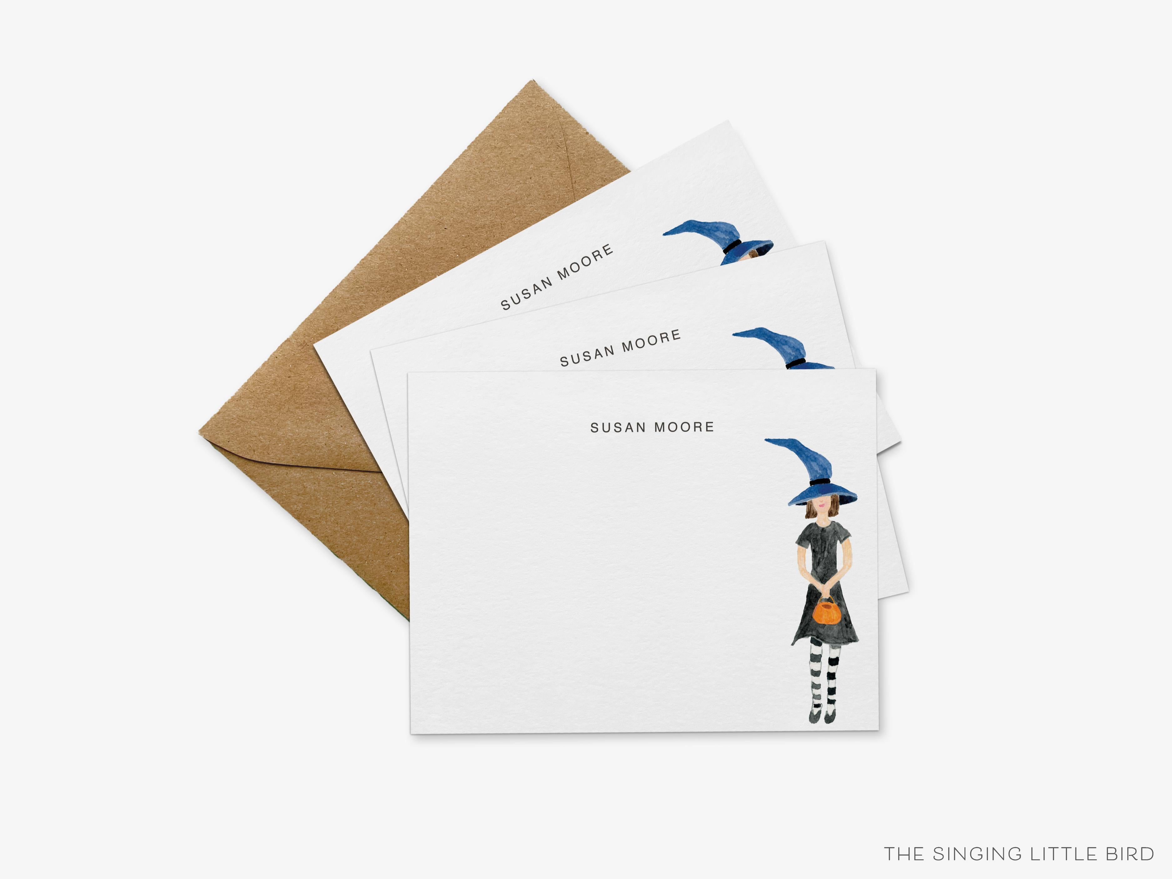 Personalized Halloween Girl Flat Notes-These personalized flat notecards are 4.25x5.5 and feature our hand-painted watercolor girl in witch costume, printed in the USA on 120lb textured stock. They come with your choice of envelopes and make great thank yous and gifts for the Halloween lover in your life.-The Singing Little Bird