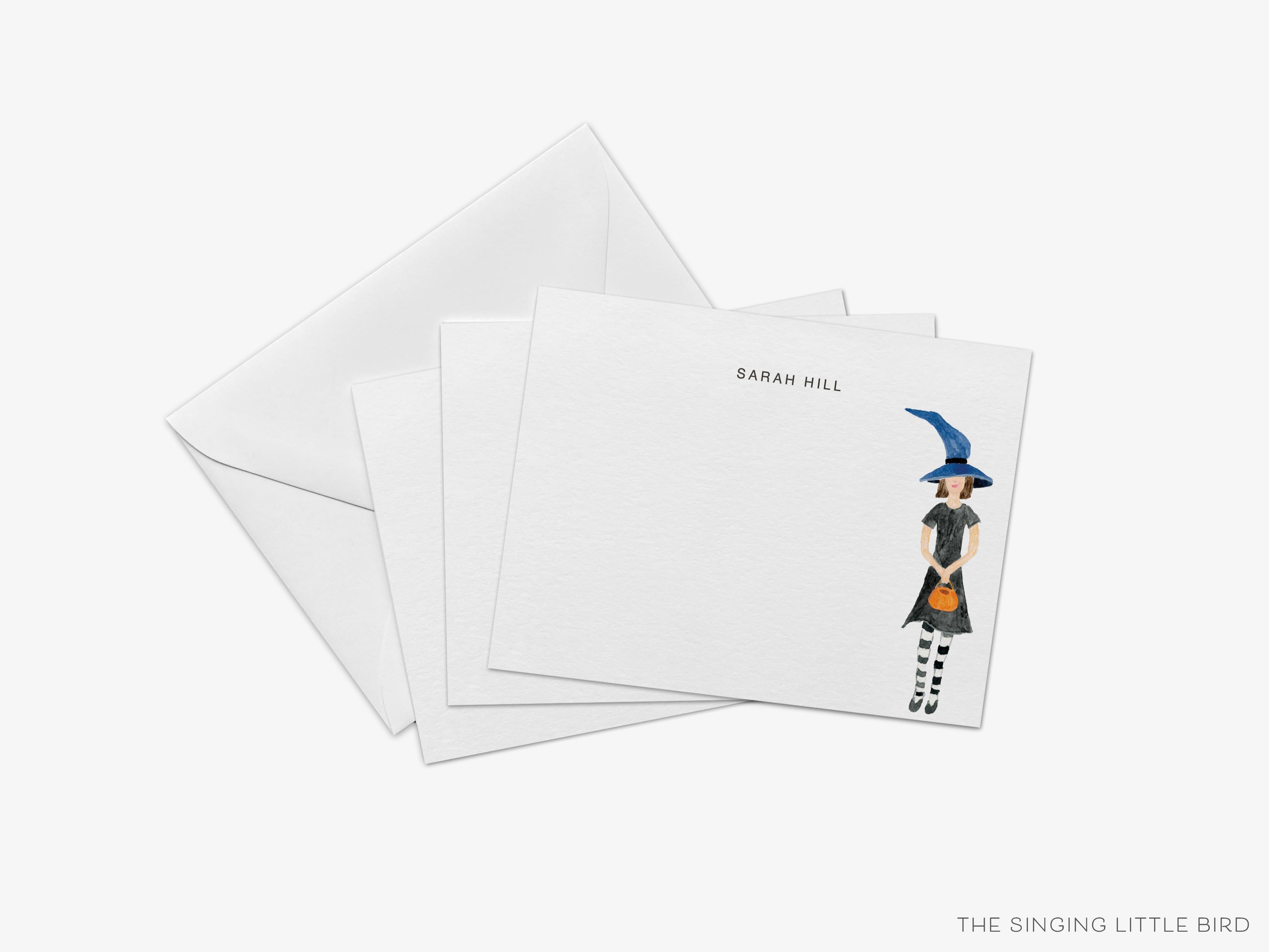 Personalized Halloween Girl Flat Notes-These personalized flat notecards are 4.25x5.5 and feature our hand-painted watercolor girl in witch costume, printed in the USA on 120lb textured stock. They come with your choice of envelopes and make great thank yous and gifts for the Halloween lover in your life.-The Singing Little Bird