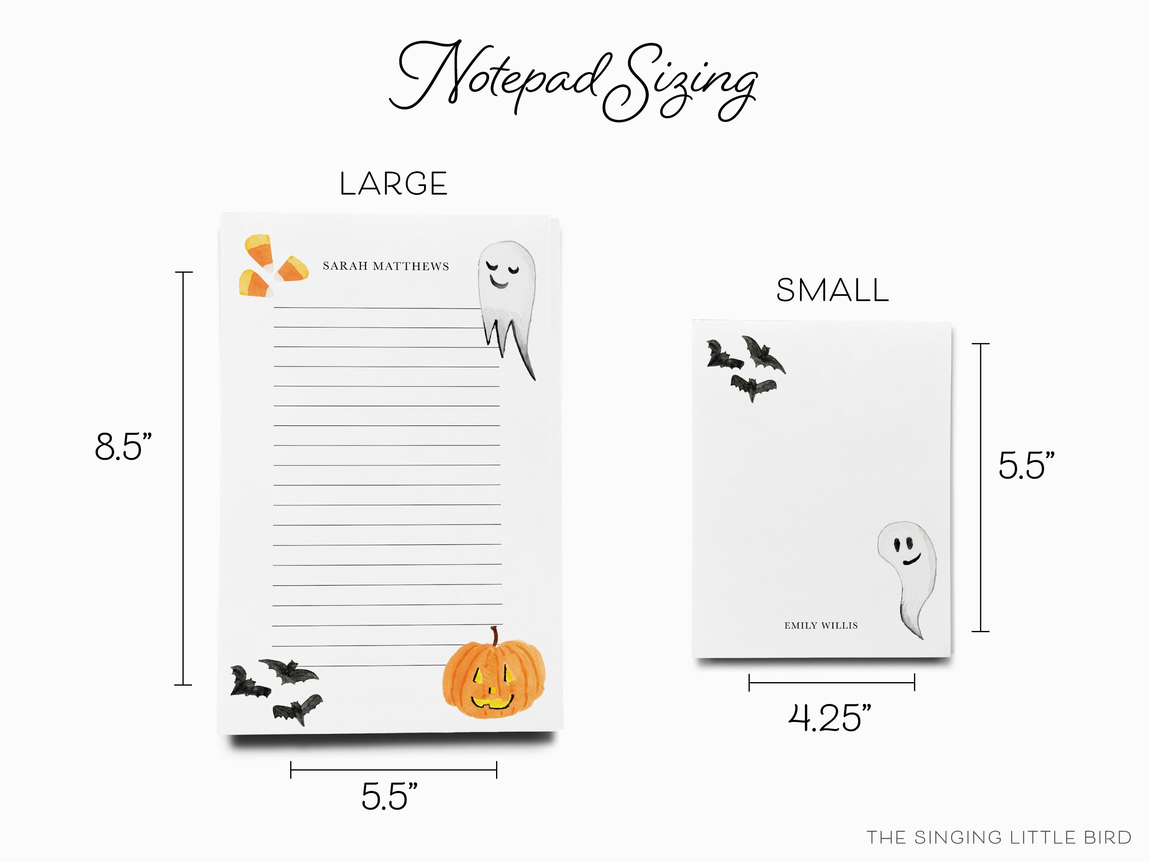 Personalized Halloween Notepad-These personalized notepads feature our hand-painted watercolor bats, ghosts, and jack-o-lanterns, printed in the USA on a beautiful smooth stock. You choose which size you want (or bundled together for a beautiful gift set) and makes a great gift for the checklist and Halloween lover in your life.-The Singing Little Bird