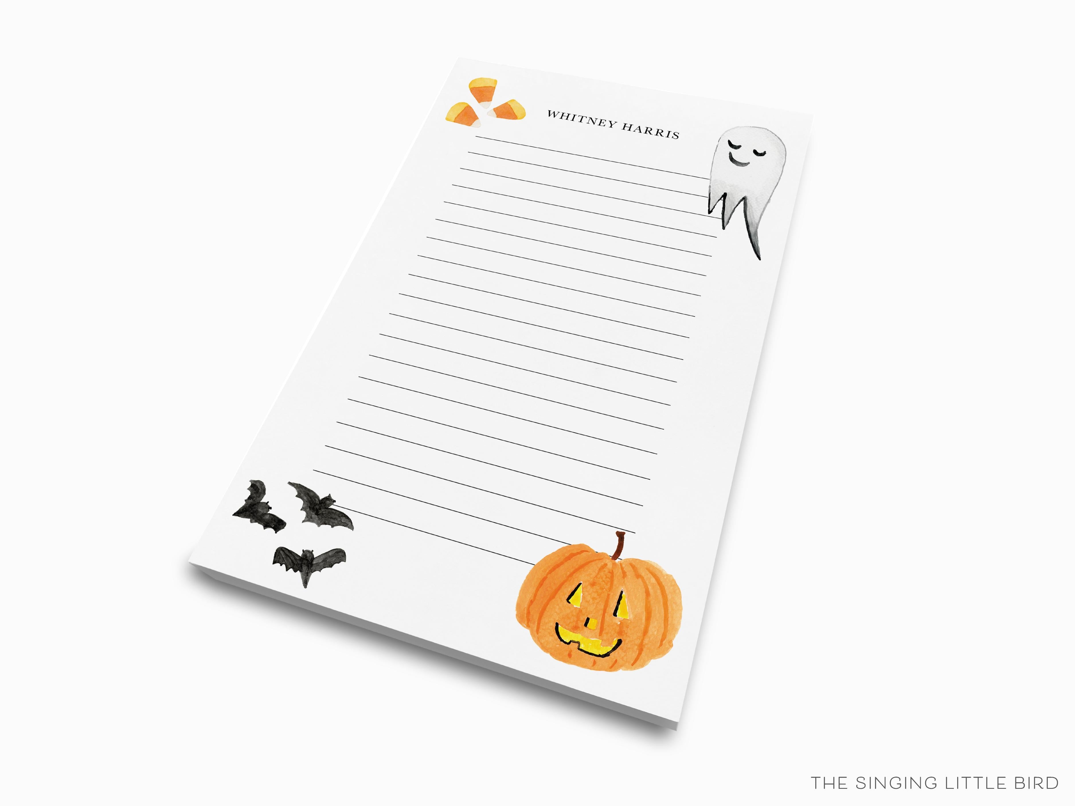 Personalized Halloween Notepad-These personalized notepads feature our hand-painted watercolor bats, ghosts, and jack-o-lanterns, printed in the USA on a beautiful smooth stock. You choose which size you want (or bundled together for a beautiful gift set) and makes a great gift for the checklist and Halloween lover in your life.-The Singing Little Bird