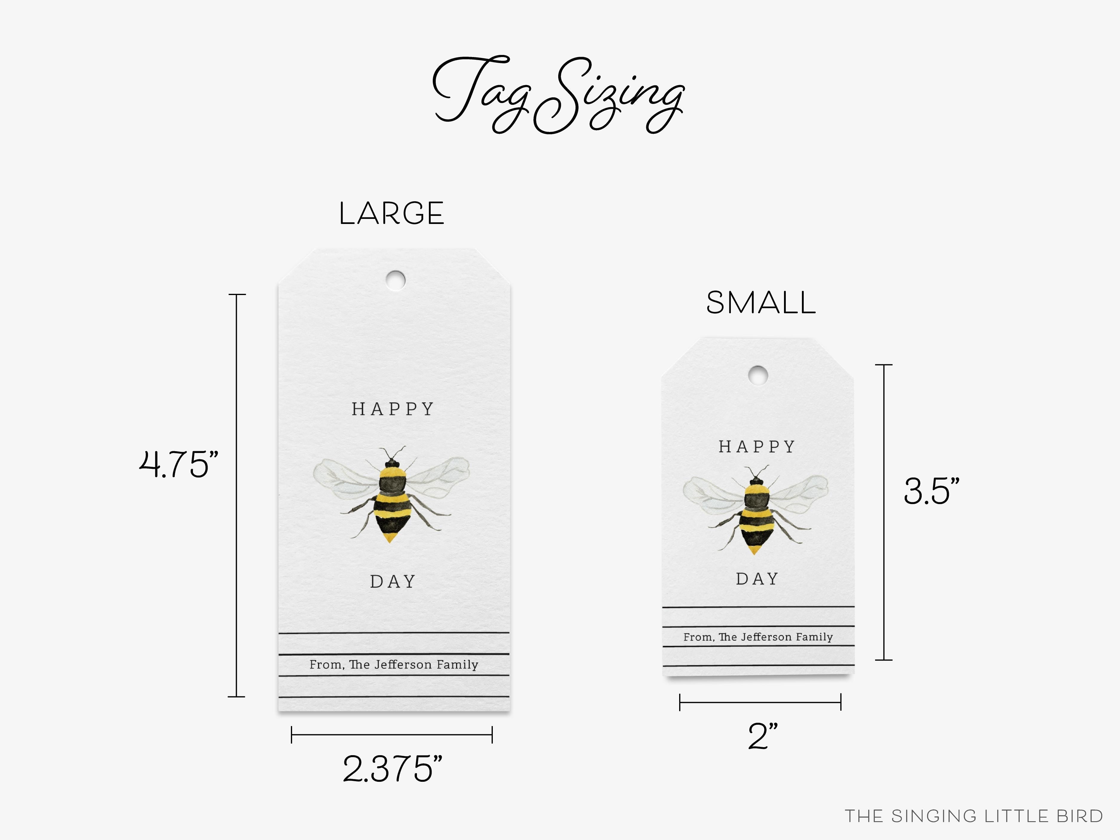 Personalized Happy Bee Day Gift Tags-These gift tags come in sets, hole-punched with white twine and feature our hand-painted watercolor bee, printed in the USA on 120lb textured stock. They make great tags for gifting or gifts for the pollinator lover in your life.-The Singing Little Bird