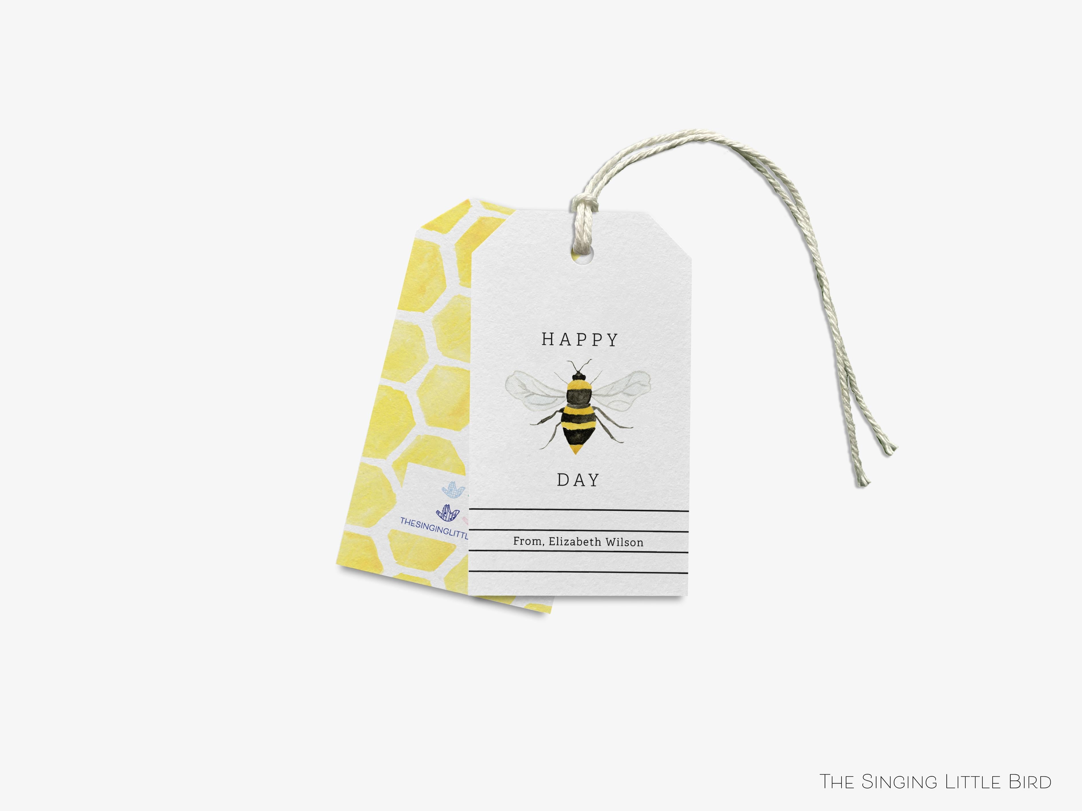 Personalized Happy Bee Day Gift Tags-These gift tags come in sets, hole-punched with white twine and feature our hand-painted watercolor bee, printed in the USA on 120lb textured stock. They make great tags for gifting or gifts for the pollinator lover in your life.-The Singing Little Bird