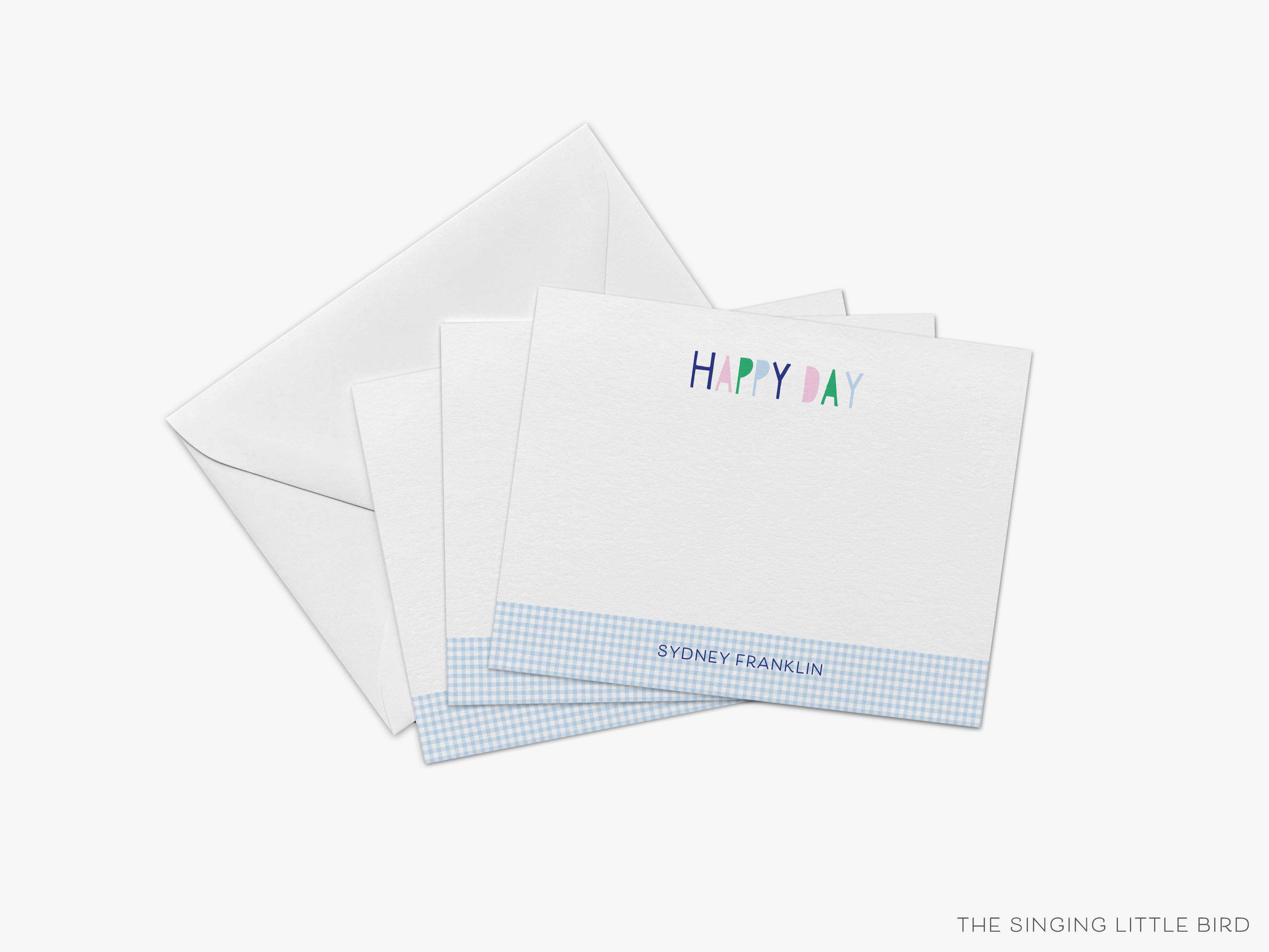 Personalized Happy Day Gingham Flat Notes-These personalized flat notecards are 4.25x5.5 and feature our hand-painted watercolor gingham, printed in the USA on 120lb textured stock. They come with your choice of envelopes and make great thank yous and gifts for the cheerful lover in your life.-The Singing Little Bird