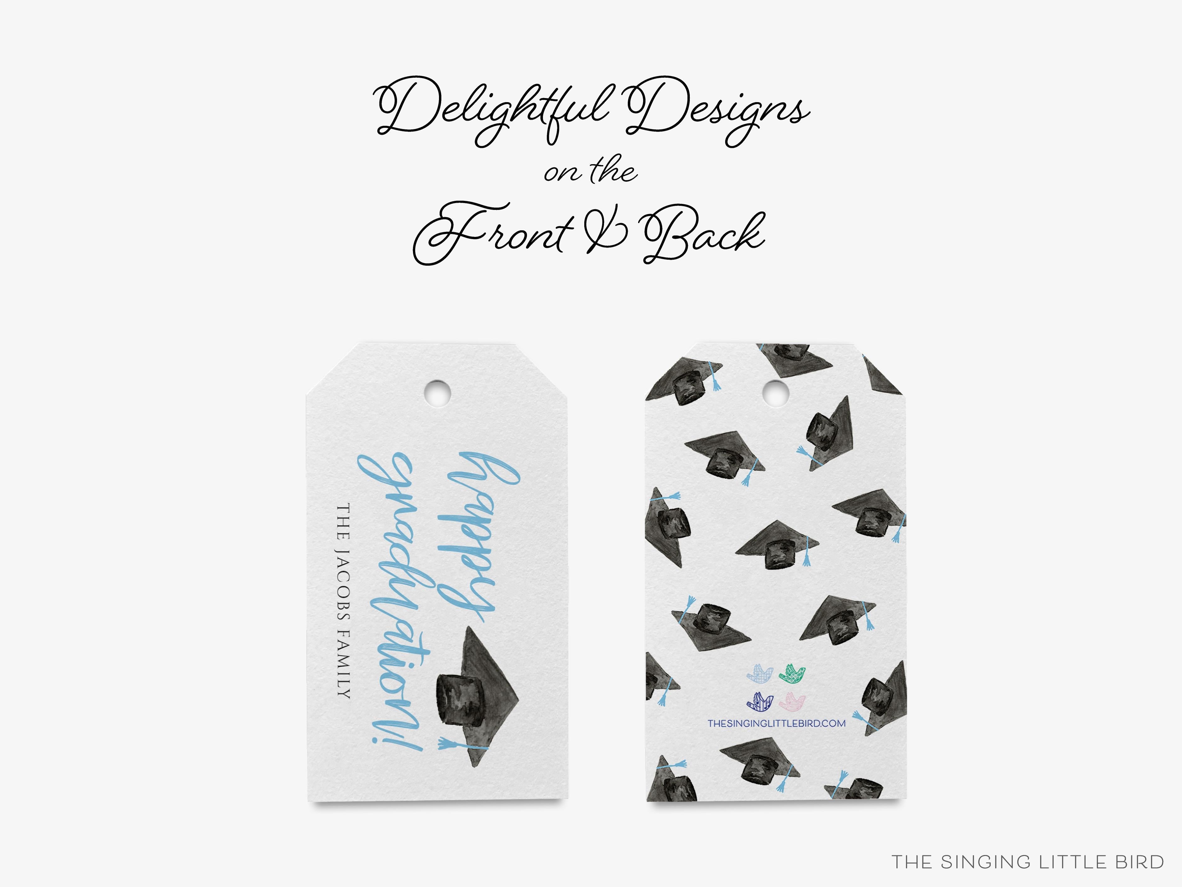 Personalized Happy Graduation Gift Tags-These gift tags come in sets, hole-punched with white twine and feature our hand-painted watercolor graduation caps, printed in the USA on 120lb textured stock. They make great tags for gifting or gifts for the graduate in your life.-The Singing Little Bird