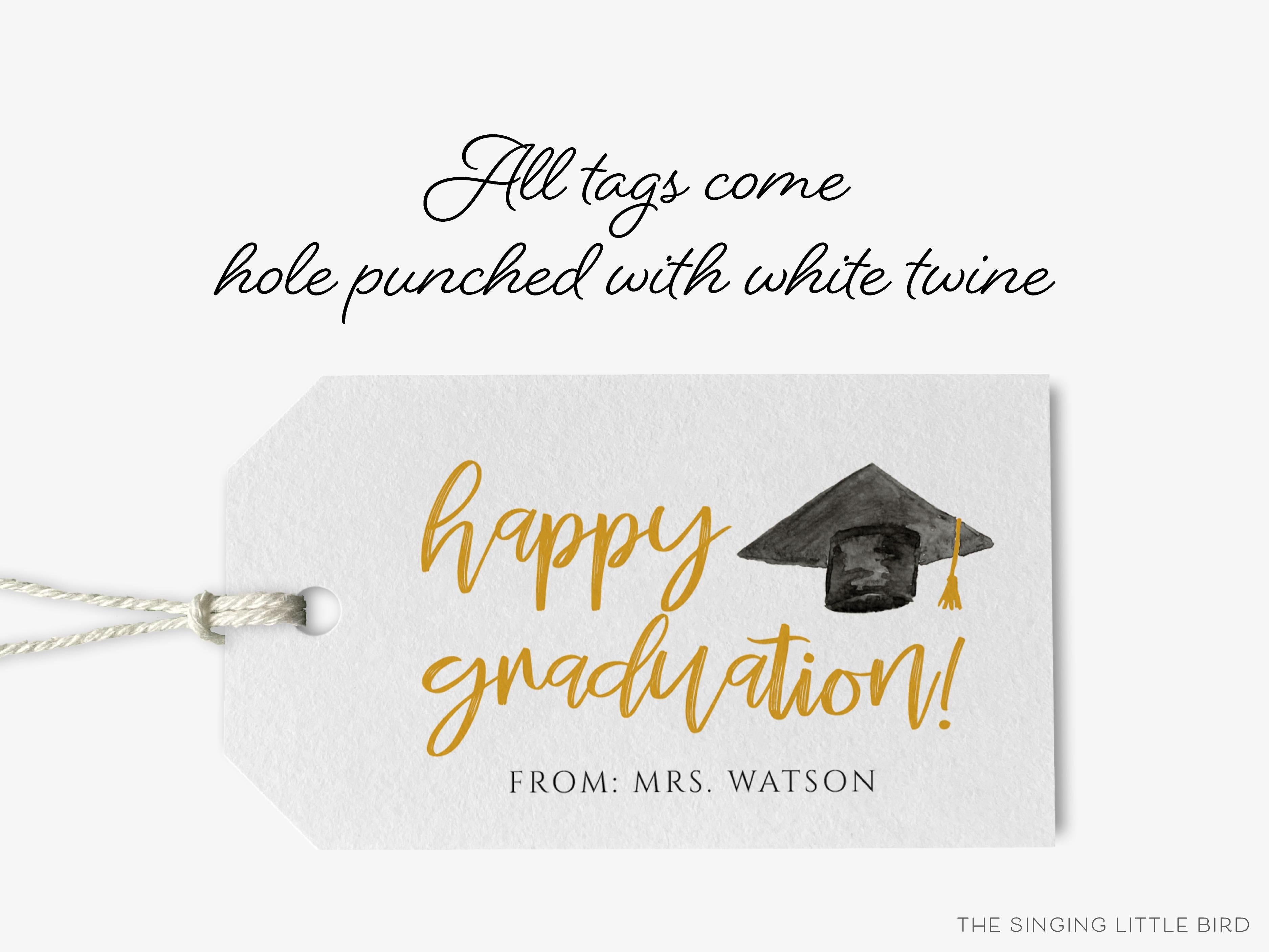 Personalized Happy Graduation Gift Tags-These gift tags come in sets, hole-punched with white twine and feature our hand-painted watercolor graduation caps, printed in the USA on 120lb textured stock. They make great tags for gifting or gifts for the graduate in your life.-The Singing Little Bird