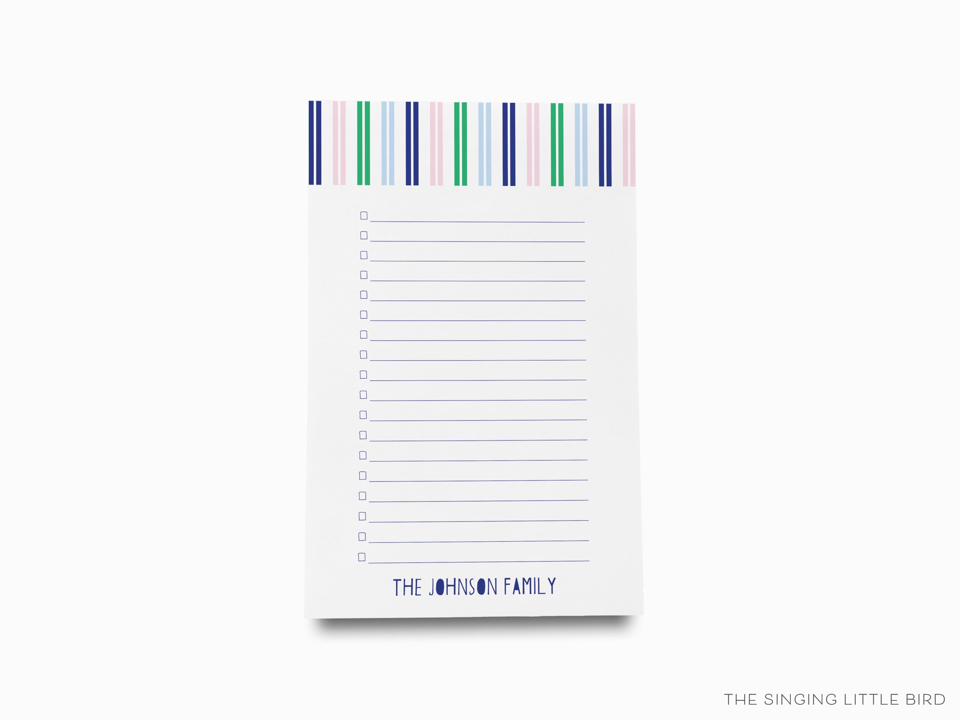 Personalized Happy Stripe Gingham Notepad-These personalized notepads feature our hand-painted watercolor stripes and gingham, printed in the USA on a beautiful smooth stock. You choose which size you want (or bundled together for a beautiful gift set) and makes a great gift for the checklist and colorful lover in your life.-The Singing Little Bird