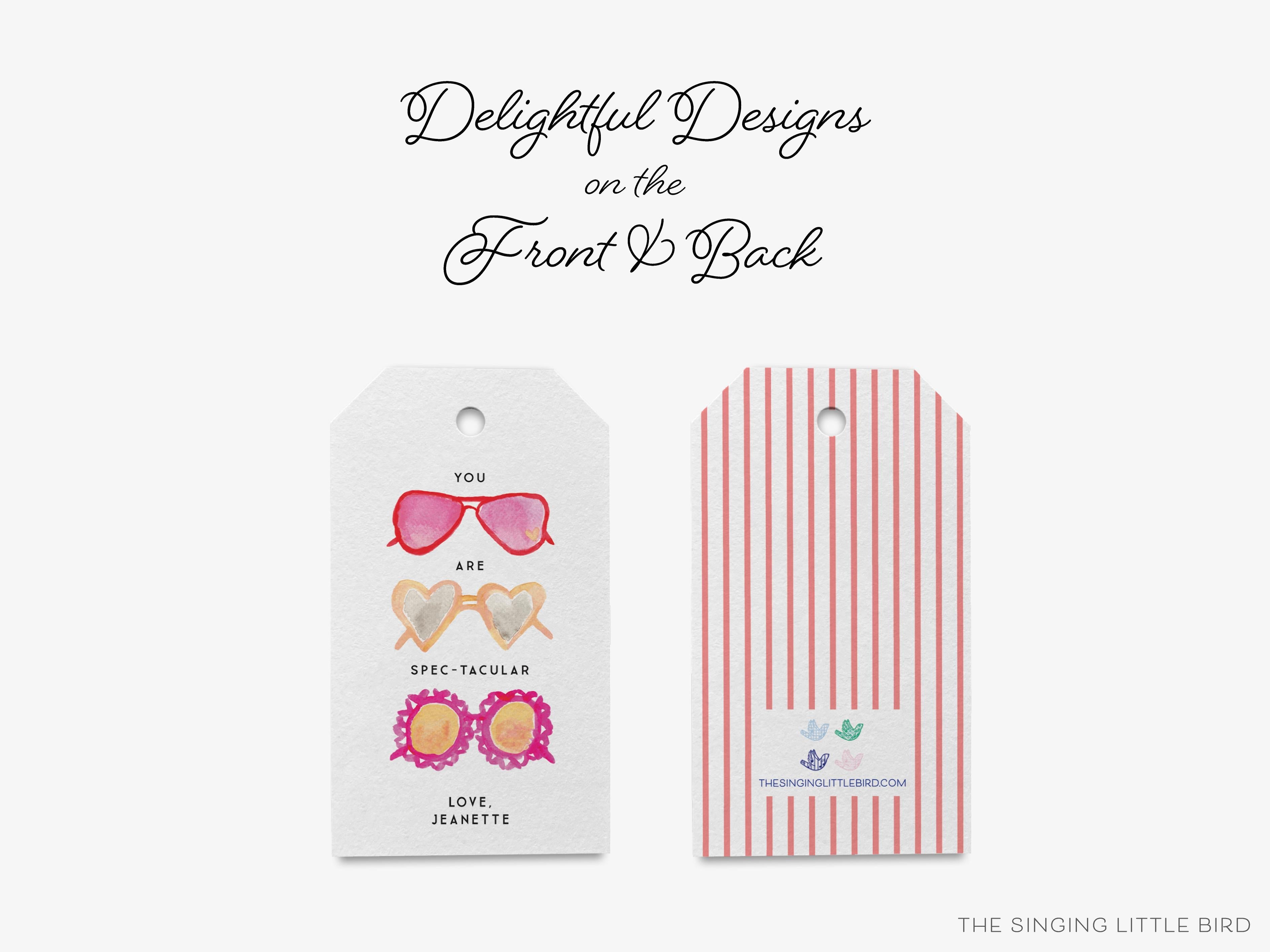 Personalized Heart Sunglasses Gift Tags-These gift tags come in sets, hole-punched with white twine and feature our hand-painted watercolor sunglasses, printed in the USA on 120lb textured stock. They make great tags for gifting or gifts for the sunny lover in your life.-The Singing Little Bird