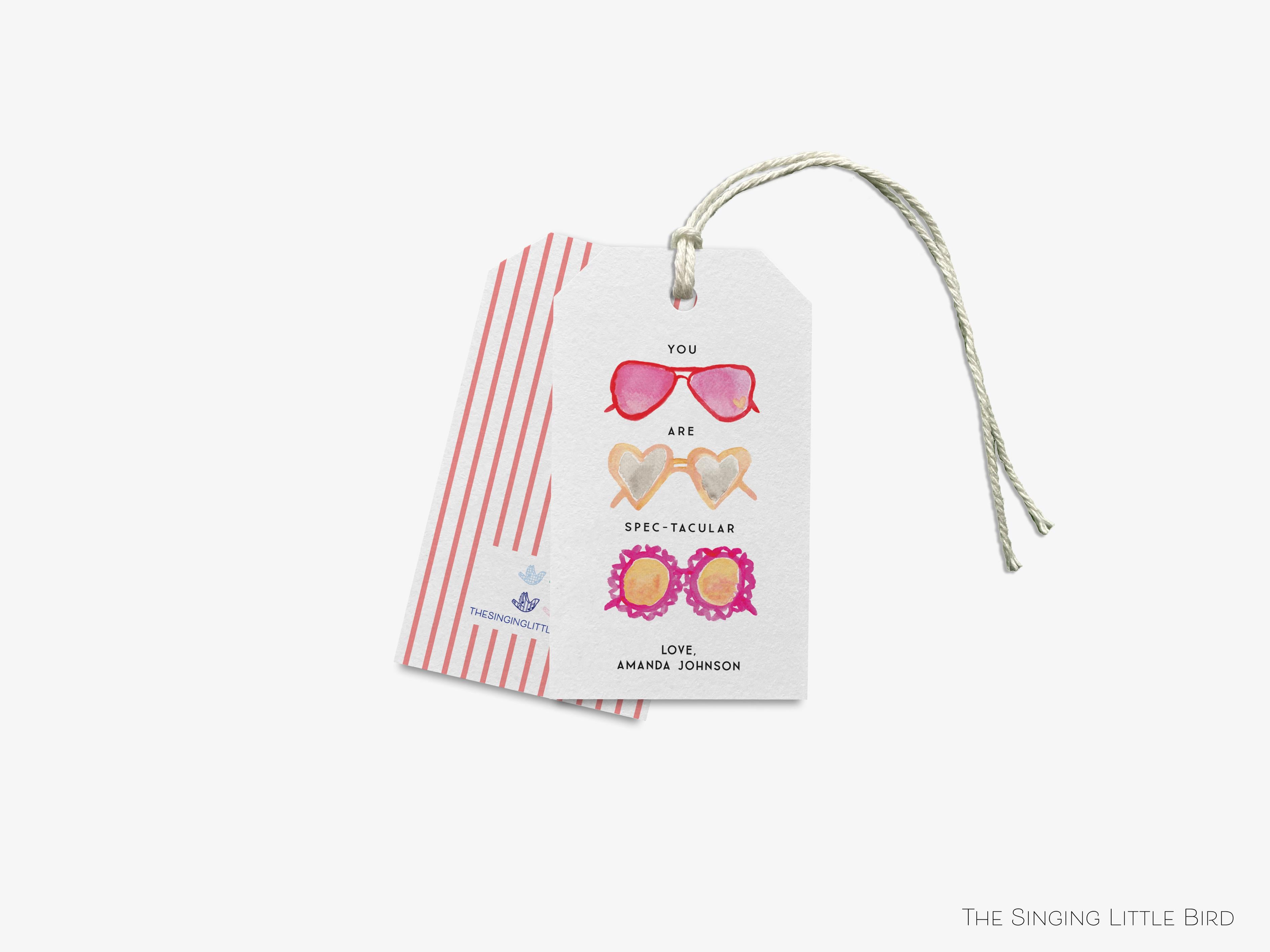 Personalized Heart Sunglasses Gift Tags-These gift tags come in sets, hole-punched with white twine and feature our hand-painted watercolor sunglasses, printed in the USA on 120lb textured stock. They make great tags for gifting or gifts for the sunny lover in your life.-The Singing Little Bird