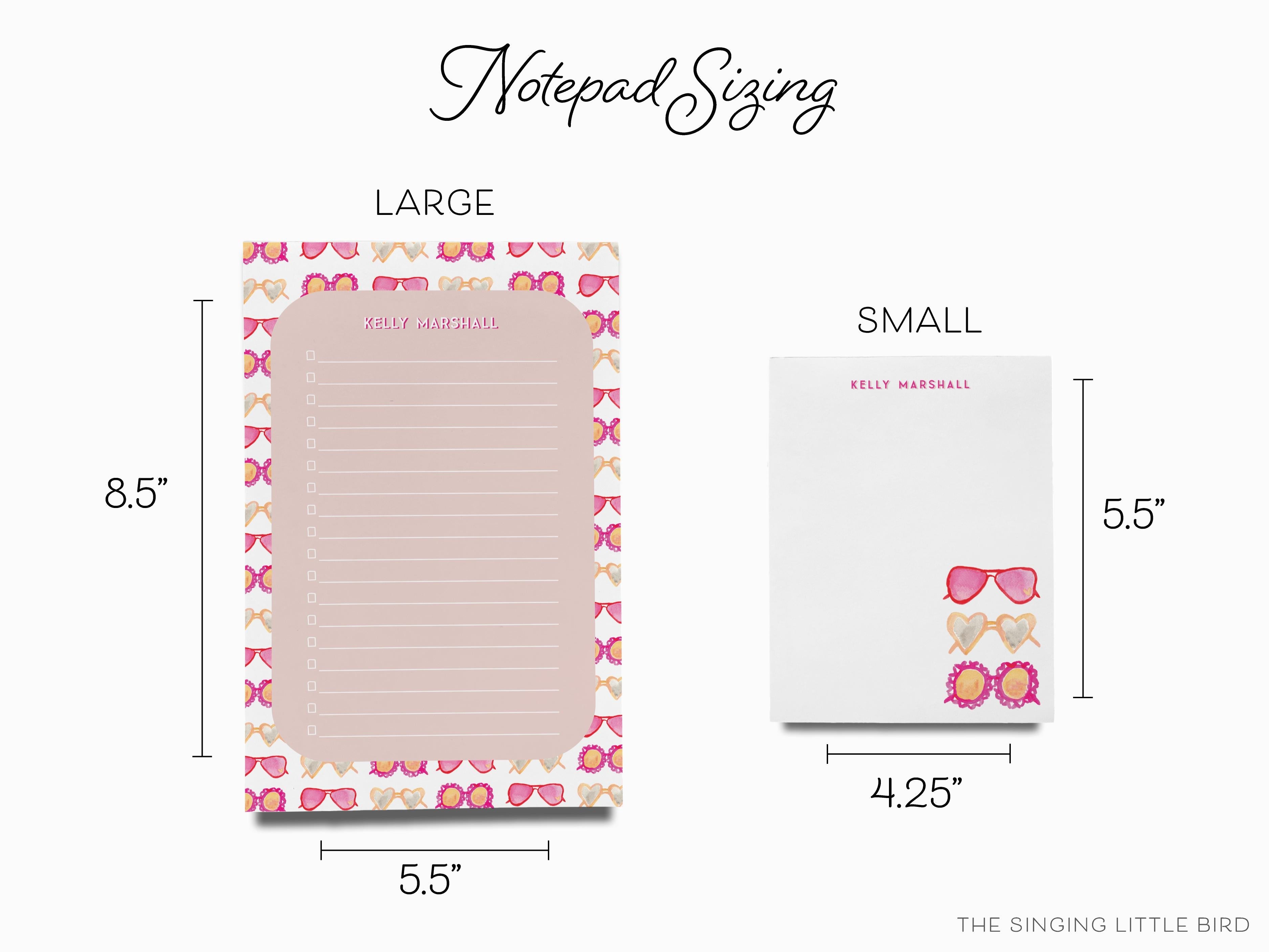 Personalized Heart Sunglasses Notepad-These personalized notepads feature our hand-painted watercolor heart sunglasses, printed in the USA on a beautiful smooth stock. You choose which size you want (or bundled together for a beautiful gift set) and makes a great gift for the checklist and sunny lover in your life.-The Singing Little Bird