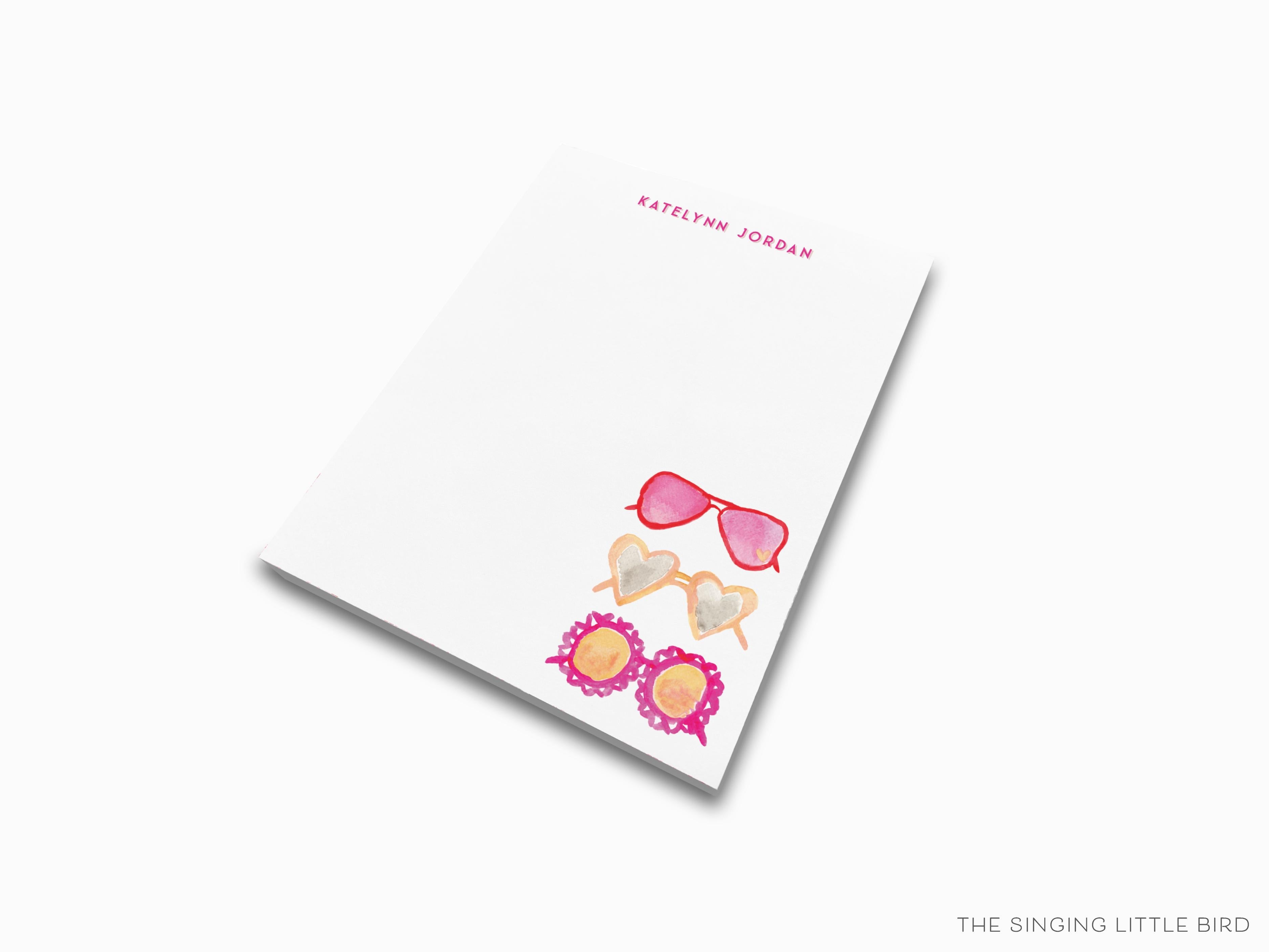 Personalized Heart Sunglasses Notepad-These personalized notepads feature our hand-painted watercolor heart sunglasses, printed in the USA on a beautiful smooth stock. You choose which size you want (or bundled together for a beautiful gift set) and makes a great gift for the checklist and sunny lover in your life.-The Singing Little Bird