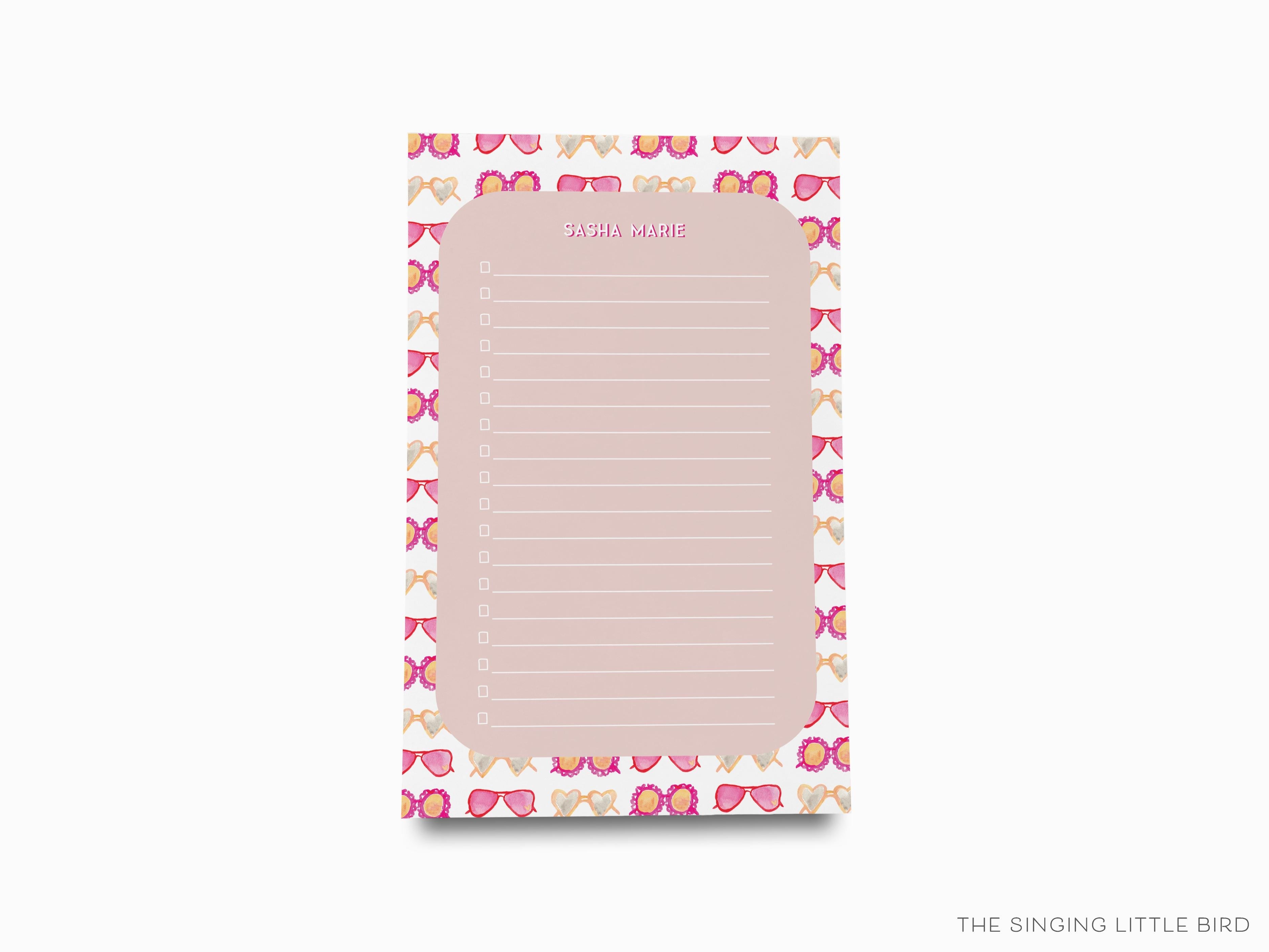 Personalized Heart Sunglasses Notepad-These personalized notepads feature our hand-painted watercolor heart sunglasses, printed in the USA on a beautiful smooth stock. You choose which size you want (or bundled together for a beautiful gift set) and makes a great gift for the checklist and sunny lover in your life.-The Singing Little Bird