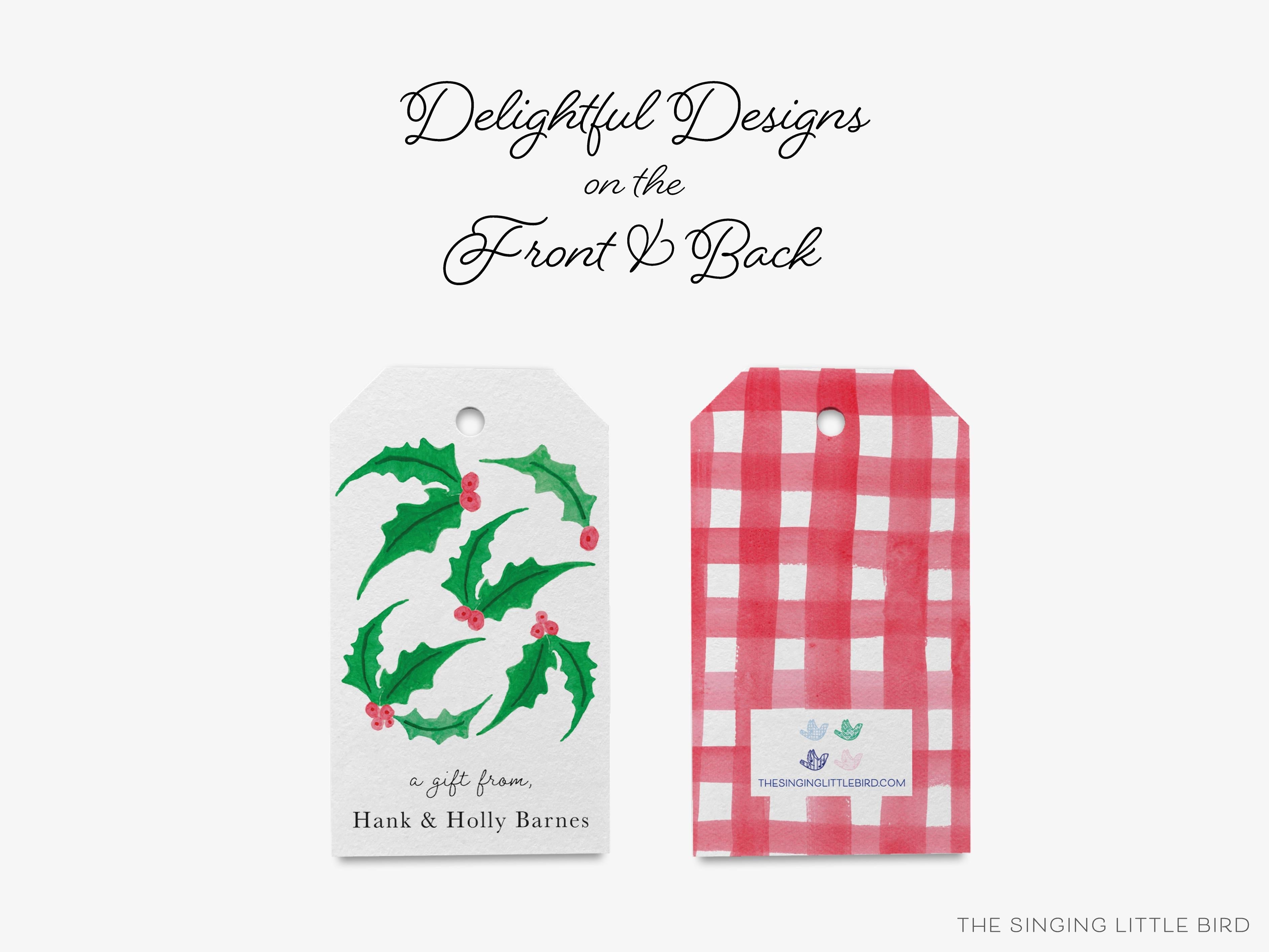 Personalized Holly Christmas Gift Tags-These gift tags come in sets, hole-punched with white twine and feature our hand-painted watercolor holly, printed in the USA on 120lb textured stock. They make great tags for gifting or gifts for the holiday lover in your life.-The Singing Little Bird