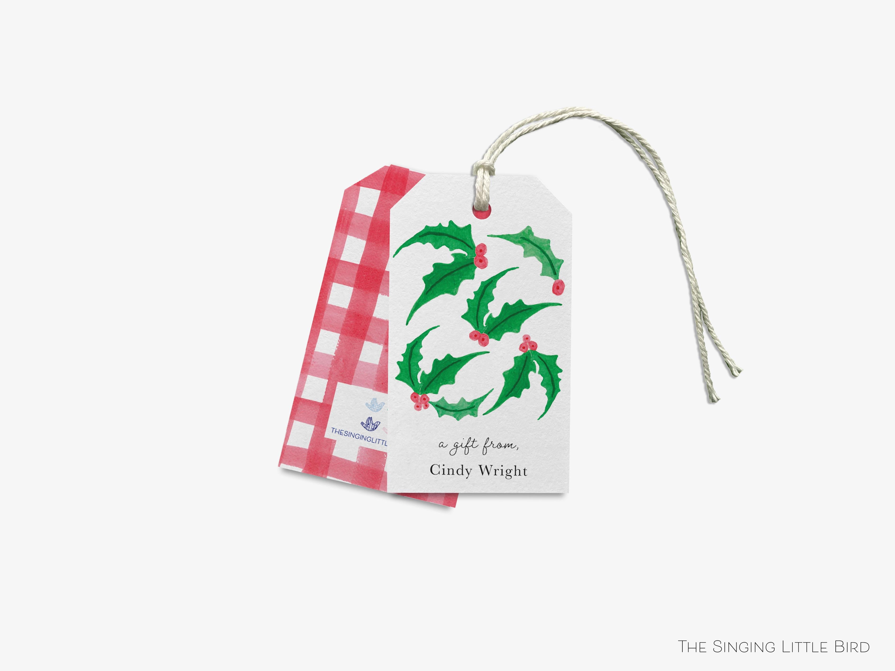 Personalized Holly Christmas Gift Tags-These gift tags come in sets, hole-punched with white twine and feature our hand-painted watercolor holly, printed in the USA on 120lb textured stock. They make great tags for gifting or gifts for the holiday lover in your life.-The Singing Little Bird