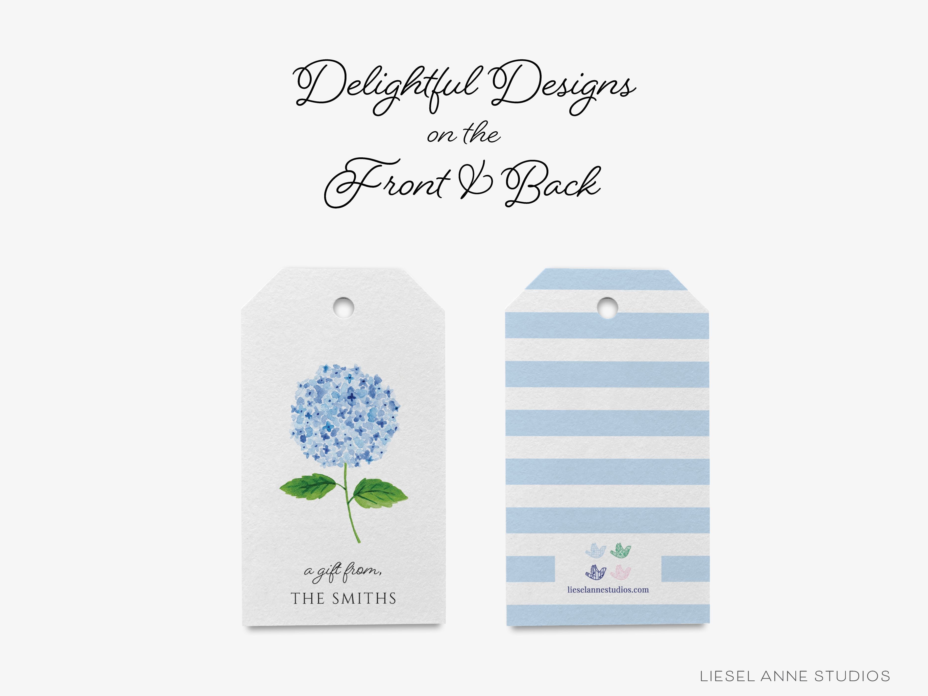 Personalized Hydrangea Gift Tags-These gift tags come in sets, hole-punched with white twine and feature our hand-painted watercolor hydrangeas, printed in the USA on 120lb textured stock. They make great tags for gifting or gifts for the floral lover in your life.-The Singing Little Bird