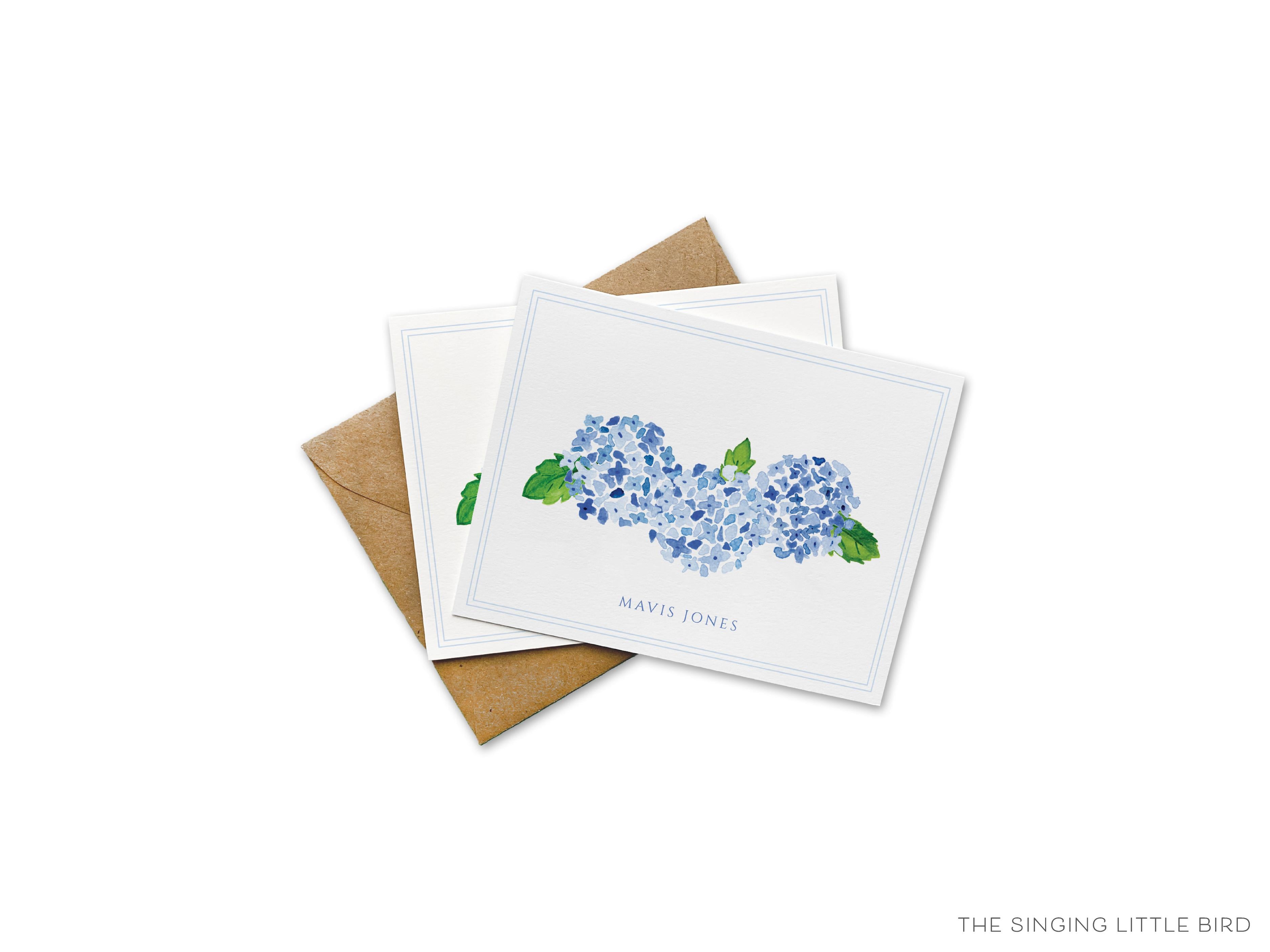 Personalized Hydrangea Greeting Cards-These folded greeting cards are 4.25x5.5 and feature our hand-painted hydrangea, printed in the USA on 100lb textured stock. They come with a White or Kraft envelope and make a great just because card for the floral lover in your life.-The Singing Little Bird