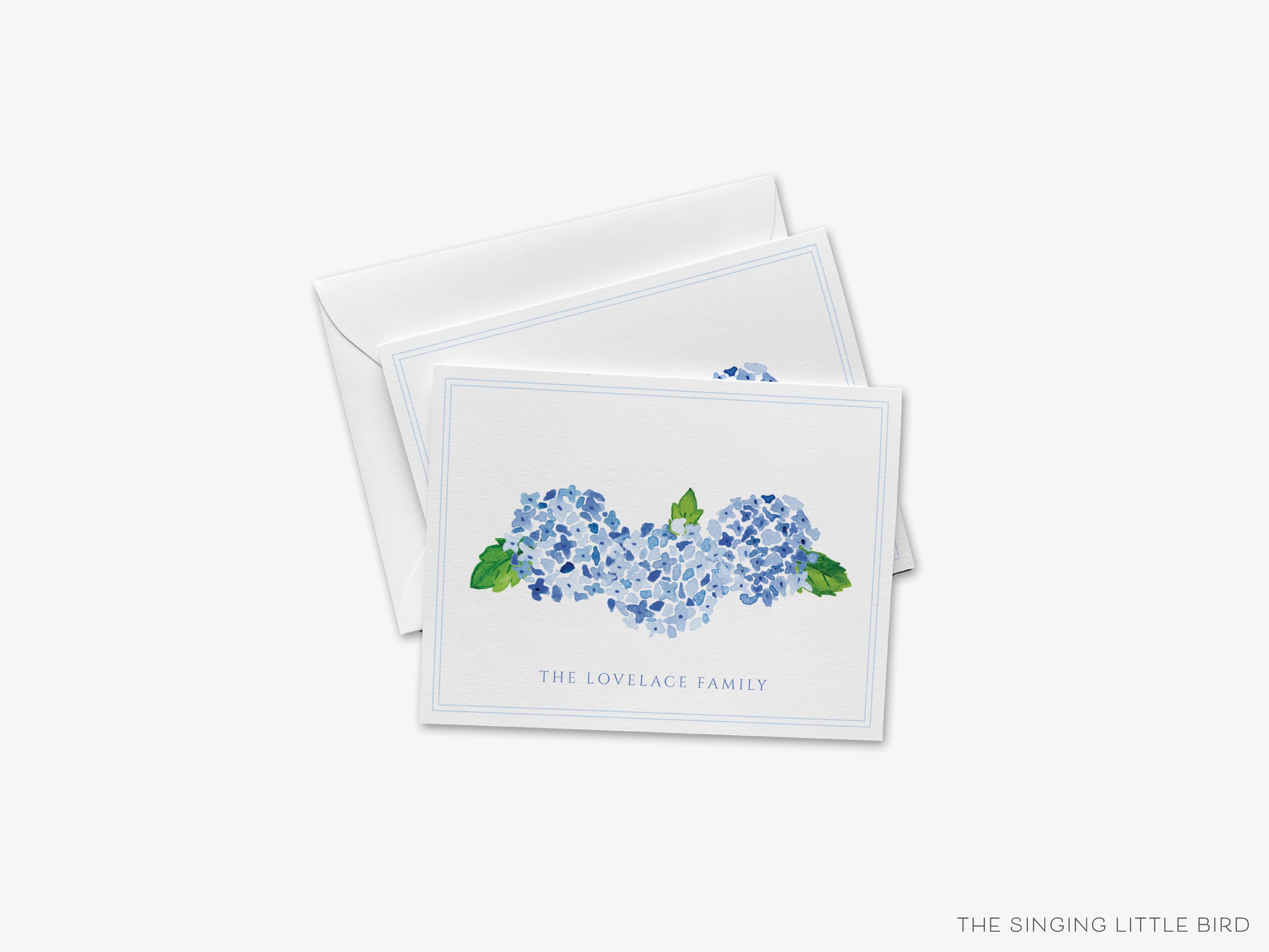 Personalized Hydrangea Greeting Cards-These folded greeting cards are 4.25x5.5 and feature our hand-painted hydrangea, printed in the USA on 100lb textured stock. They come with a White or Kraft envelope and make a great just because card for the floral lover in your life.-The Singing Little Bird