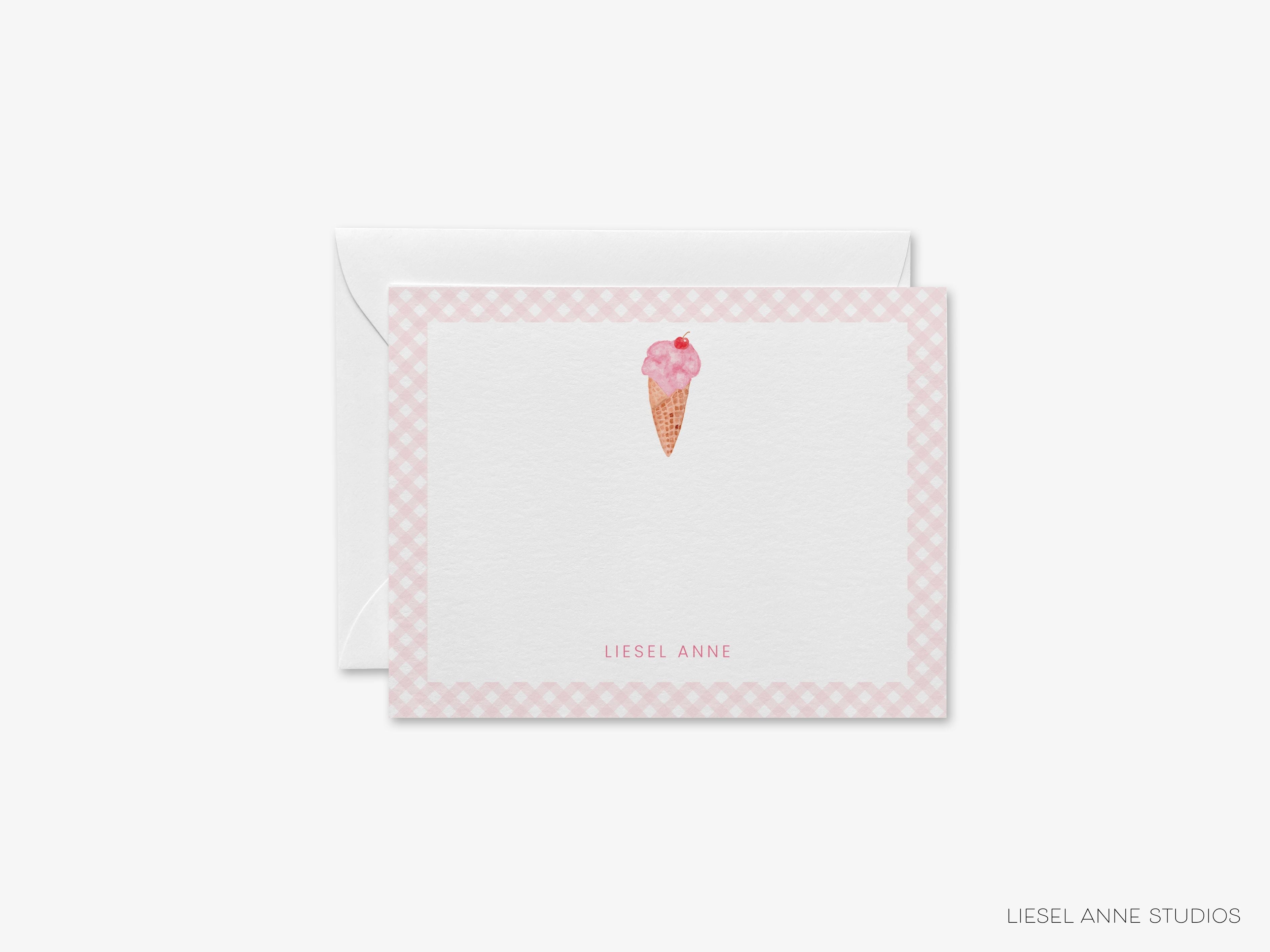 Personalized Ice Cream Cone Flat Notes-These personalized flat notecards are 4.25x5.5 and feature our hand-painted watercolor Ice Cream Cone, printed in the USA on 120lb textured stock. They come with your choice of envelopes and make great thank yous and gifts for the ice cream lover in your life.-The Singing Little Bird