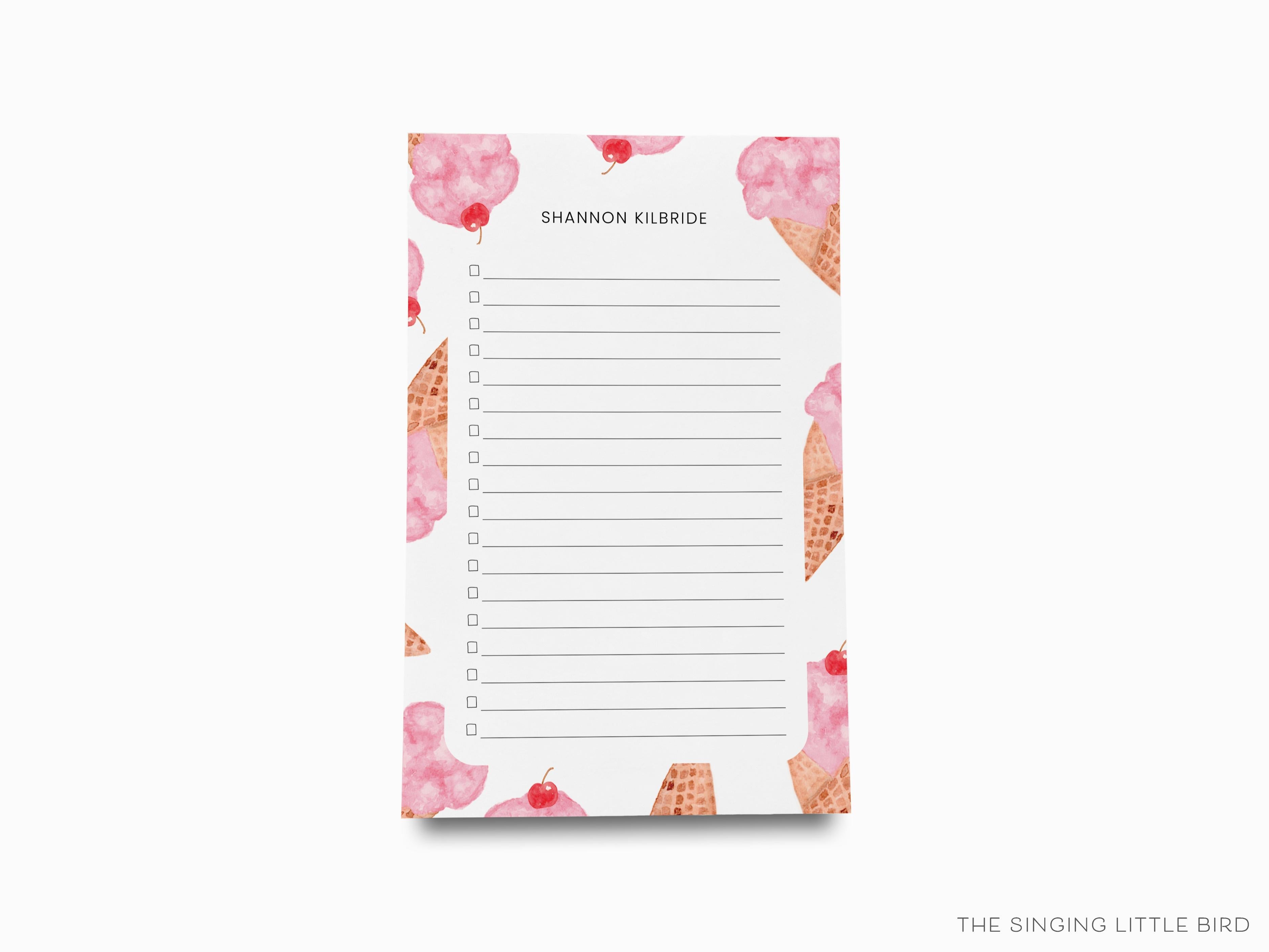 Personalized Ice Cream Cone Notepad-These personalized notepads feature our hand-painted watercolor ice cream cones, printed in the USA on a beautiful smooth stock. You choose which size you want (or bundled together for a beautiful gift set) and makes a great gift for the checklist and sweet tooth lover in your life.-The Singing Little Bird