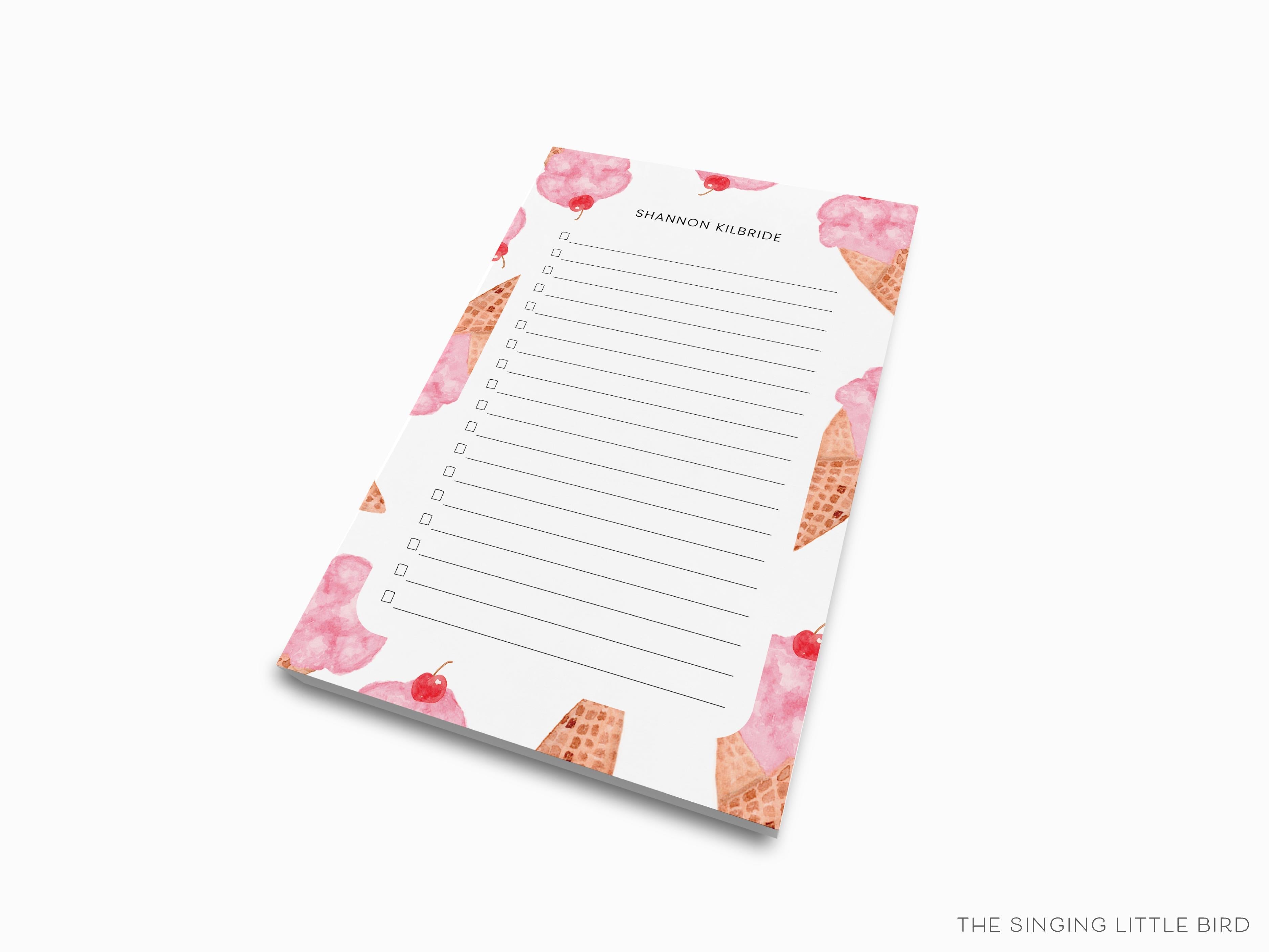 Personalized Ice Cream Cone Notepad-These personalized notepads feature our hand-painted watercolor ice cream cones, printed in the USA on a beautiful smooth stock. You choose which size you want (or bundled together for a beautiful gift set) and makes a great gift for the checklist and sweet tooth lover in your life.-The Singing Little Bird