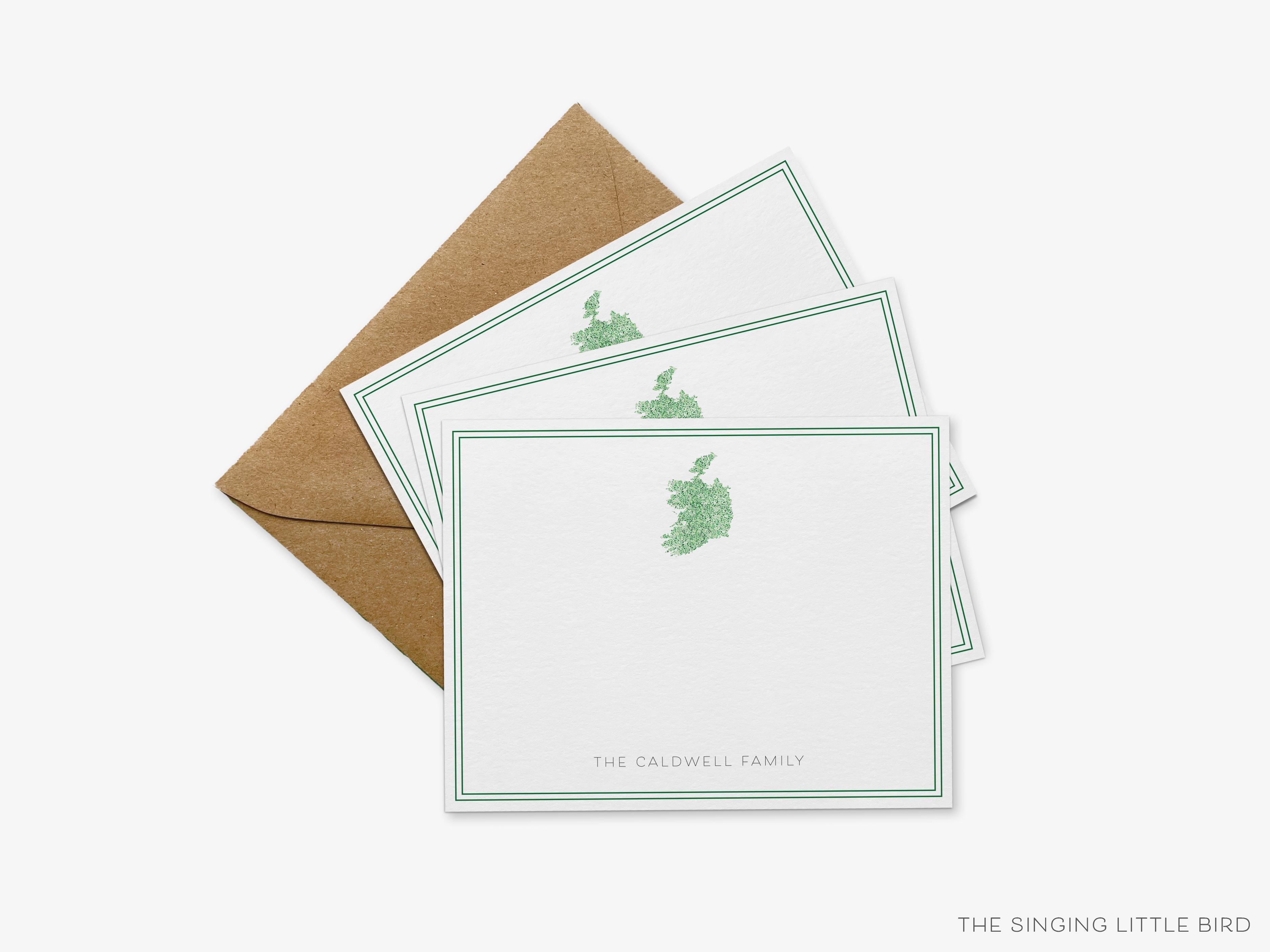 Personalized Ireland Flat Notes-These personalized flat notecards are 4.25x5.5 and feature our hand-painted watercolor Ireland, printed in the USA on 120lb textured stock. They come with your choice of envelopes and make great thank yous and gifts for the Irish lover in your life.-The Singing Little Bird