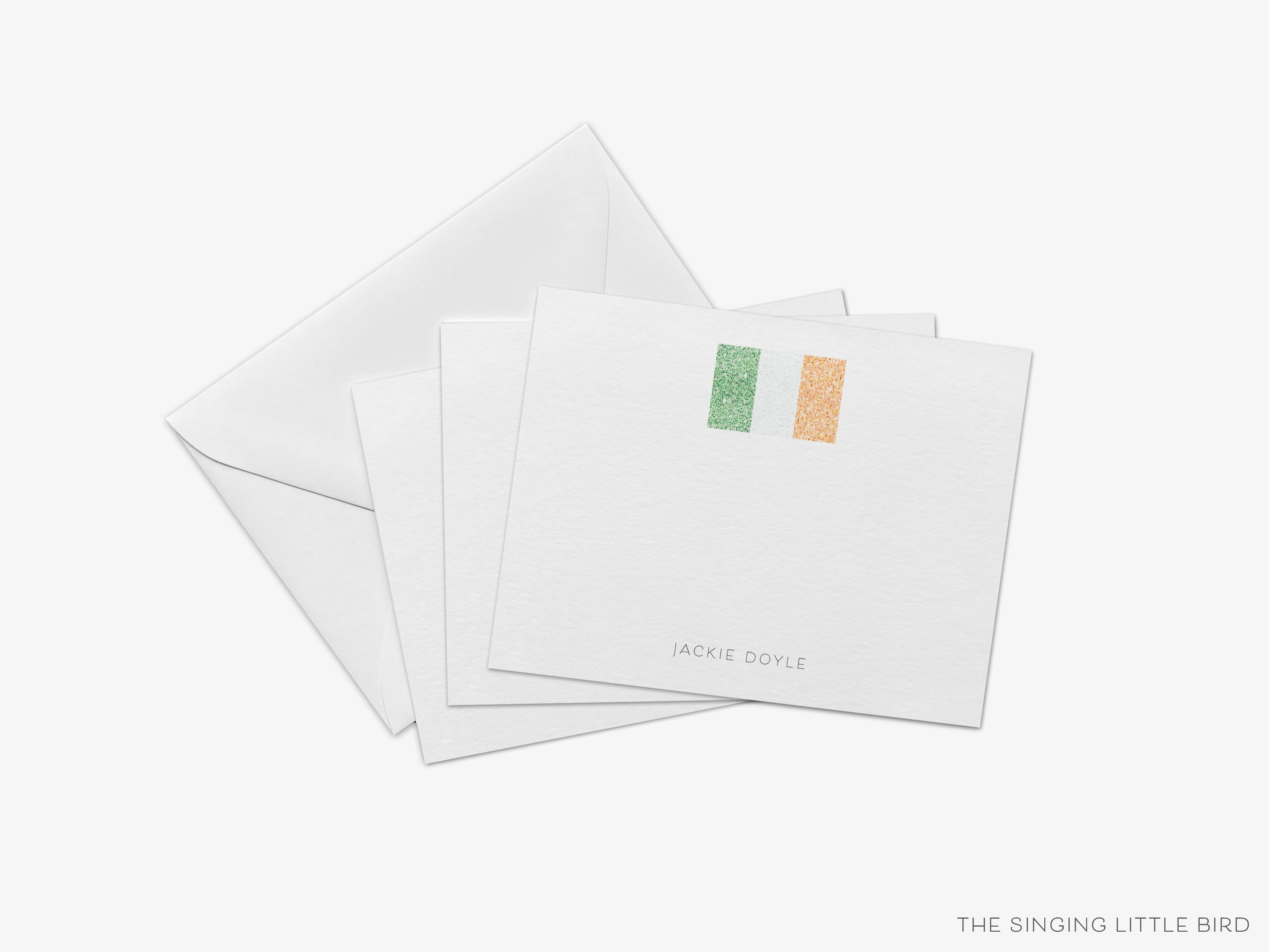 Personalized Irish Flag Flat Notes-These personalized flat notecards are 4.25x5.5 and feature our hand-painted watercolor Irish Flag, printed in the USA on 120lb textured stock. They come with your choice of envelopes and make great thank yous and gifts for the Ireland lover in your life.-The Singing Little Bird