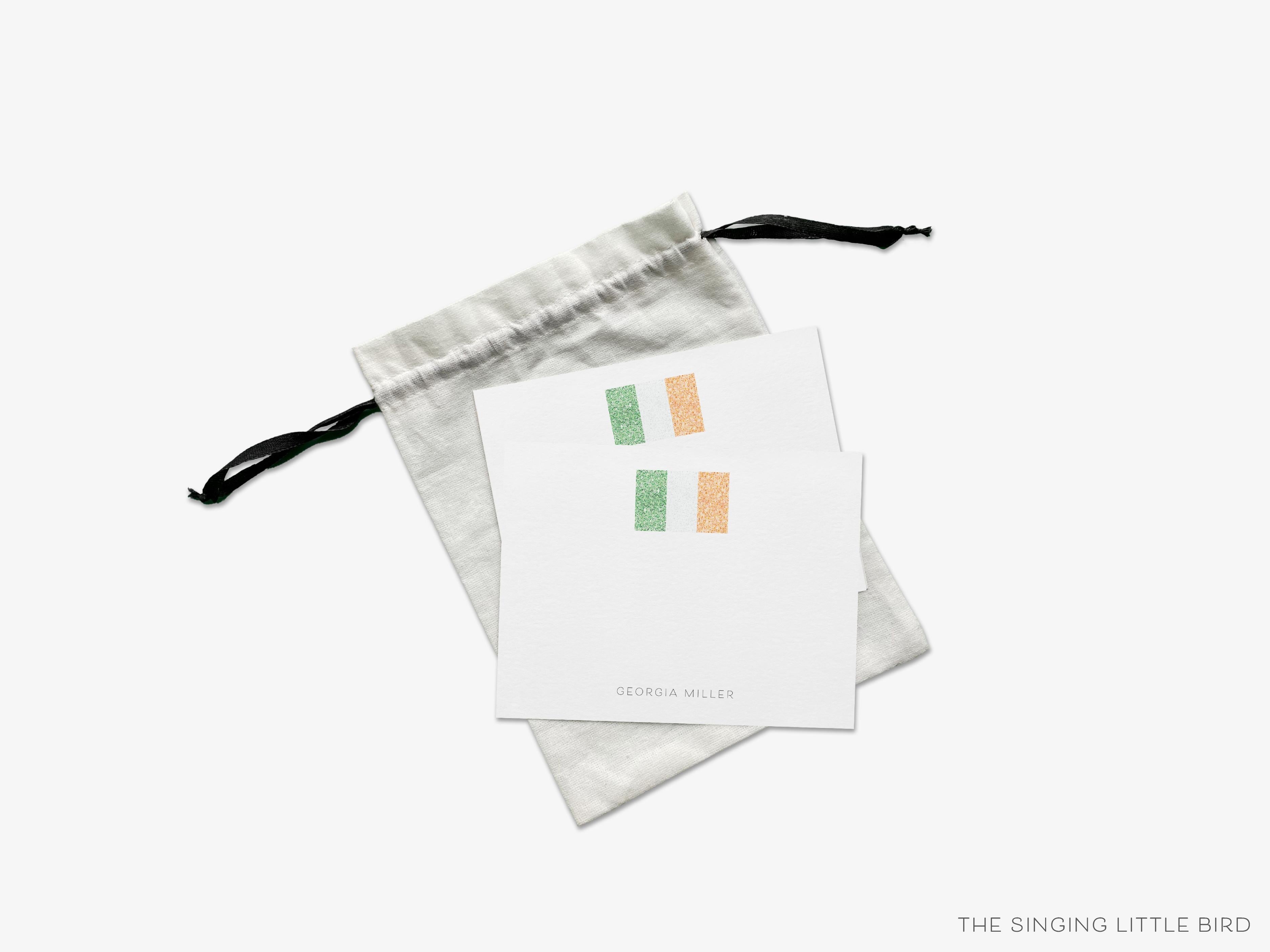 Personalized Irish Flag Flat Notes-These personalized flat notecards are 4.25x5.5 and feature our hand-painted watercolor Irish Flag, printed in the USA on 120lb textured stock. They come with your choice of envelopes and make great thank yous and gifts for the Ireland lover in your life.-The Singing Little Bird