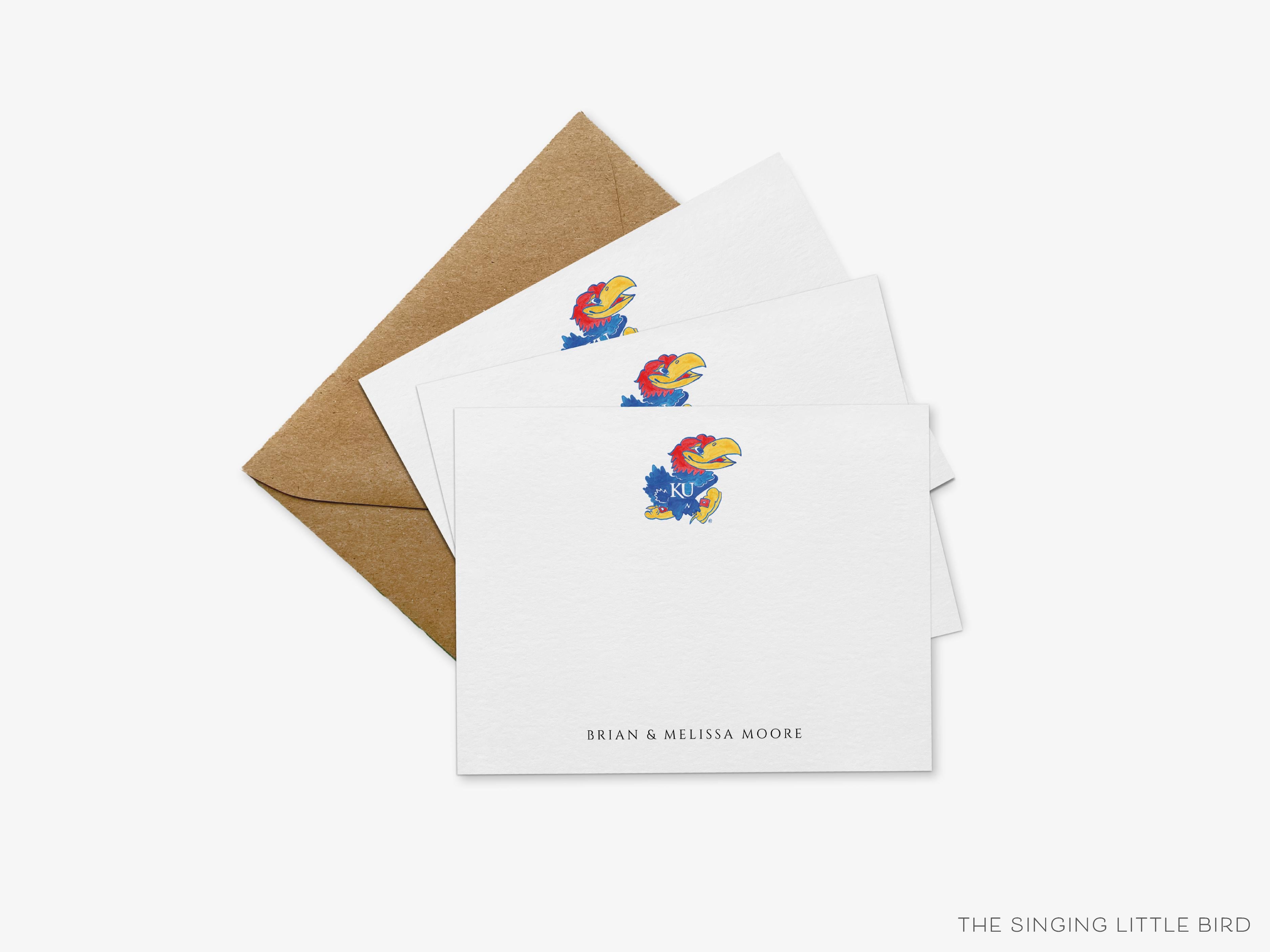 Personalized Jayhawk Flat Notes [Officially Licensed]-These personalized flat notecards are 4.25x5.5 and feature our hand-painted watercolor Kansas Jayhawk, printed in the USA on 120lb textured stock. They come with your choice of envelopes and make great thank yous and gifts for the University of Kansas lover in your life.-The Singing Little Bird