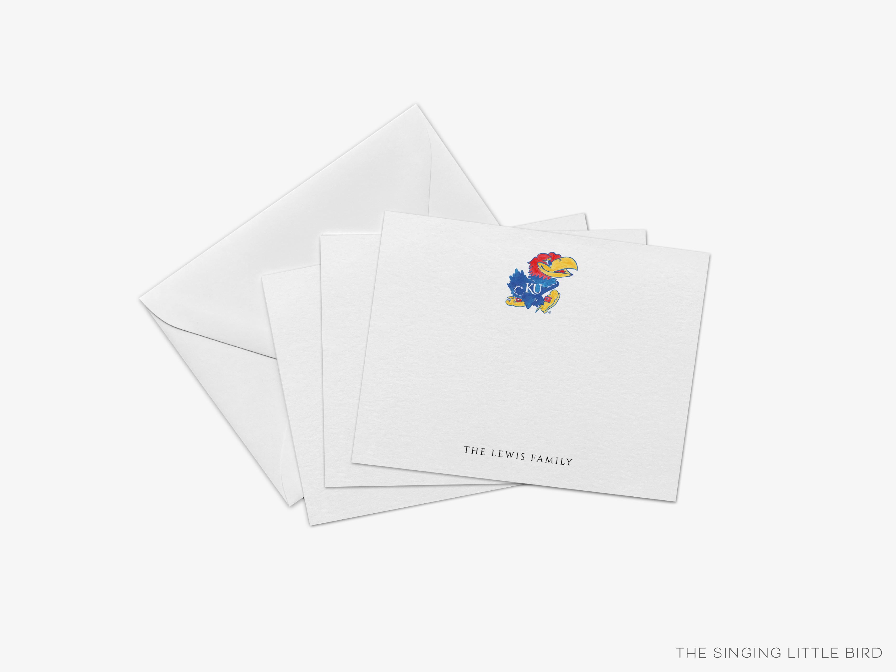 Personalized Jayhawk Flat Notes [Officially Licensed]-These personalized flat notecards are 4.25x5.5 and feature our hand-painted watercolor Kansas Jayhawk, printed in the USA on 120lb textured stock. They come with your choice of envelopes and make great thank yous and gifts for the University of Kansas lover in your life.-The Singing Little Bird