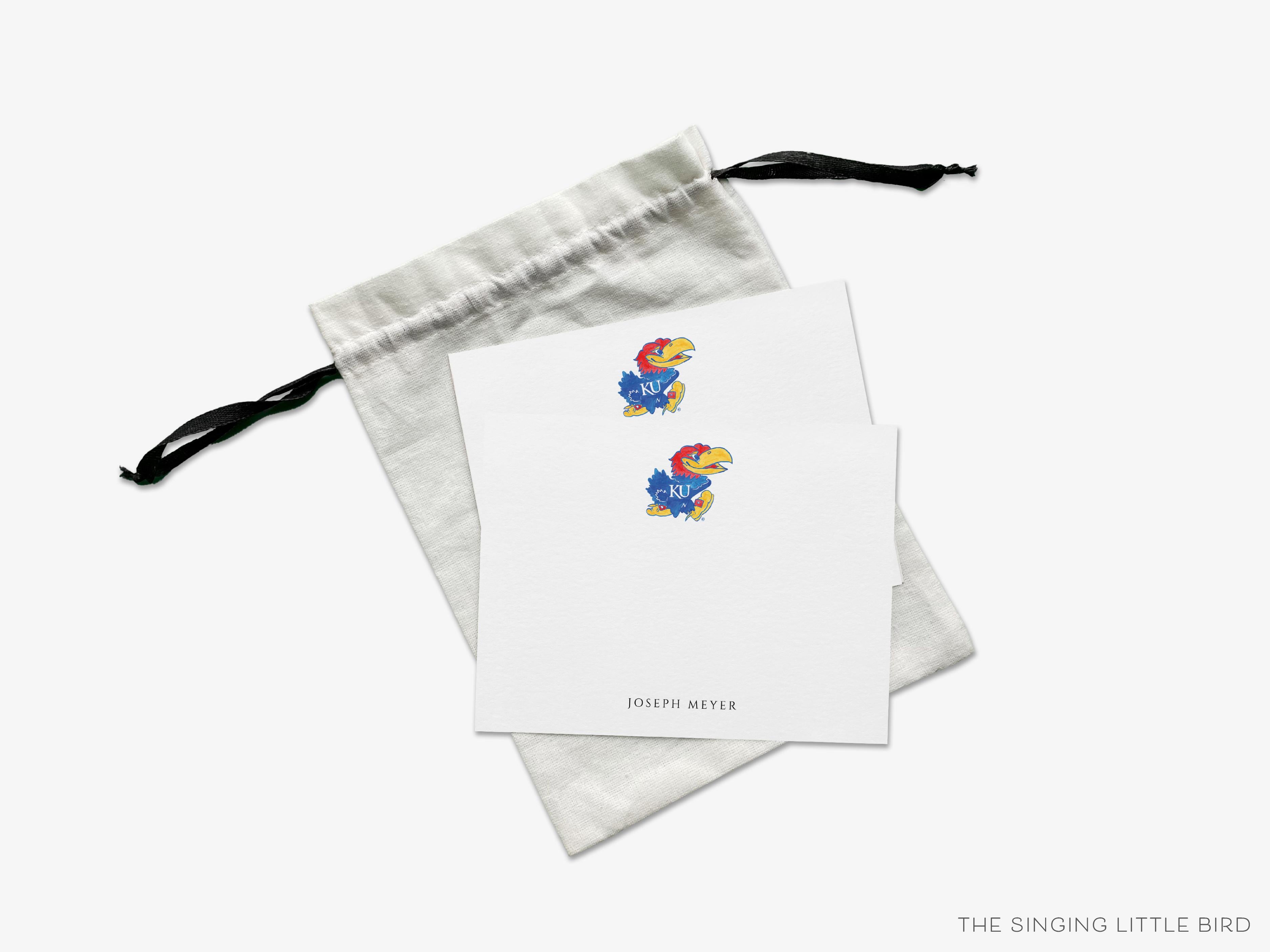 Personalized Jayhawk Flat Notes [Officially Licensed]-These personalized flat notecards are 4.25x5.5 and feature our hand-painted watercolor Kansas Jayhawk, printed in the USA on 120lb textured stock. They come with your choice of envelopes and make great thank yous and gifts for the University of Kansas lover in your life.-The Singing Little Bird