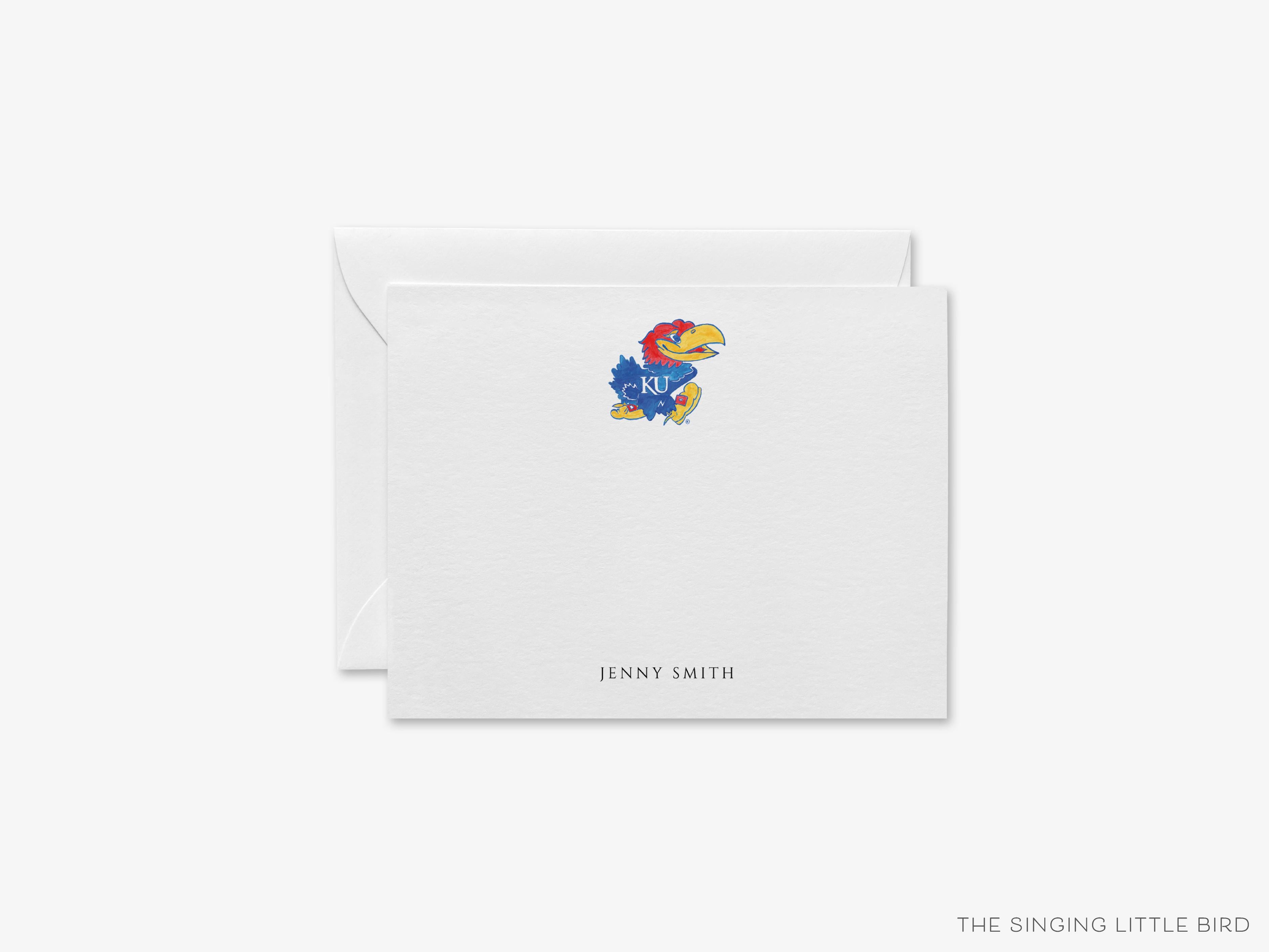 Personalized Jayhawk Flat Notes [Officially Licensed]-These personalized flat notecards are 4.25x5.5 and feature our hand-painted watercolor Kansas Jayhawk, printed in the USA on 120lb textured stock. They come with your choice of envelopes and make great thank yous and gifts for the University of Kansas lover in your life.-The Singing Little Bird