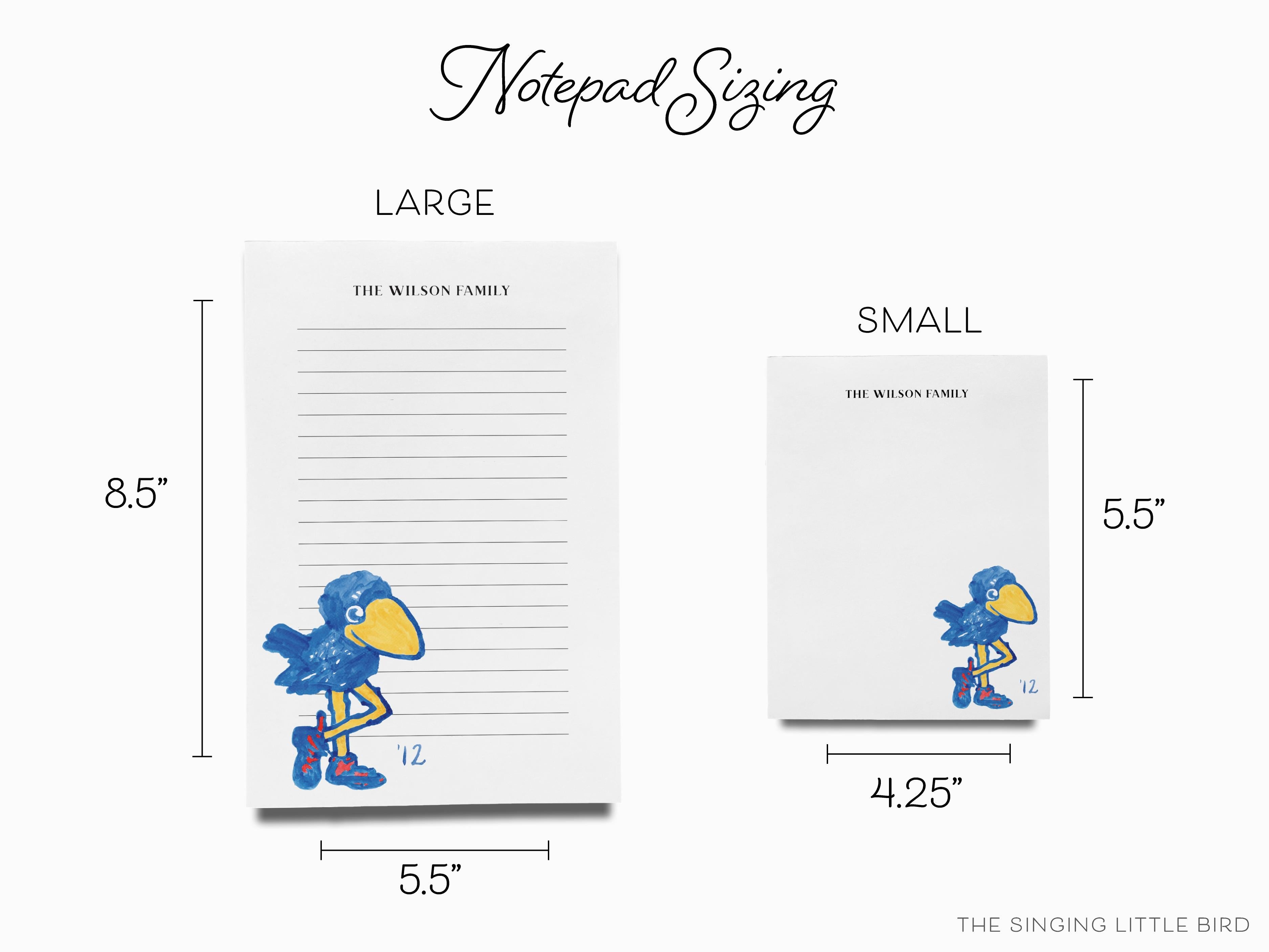 Personalized Kansas 1912 Jayhawk Notepad [Officially Licensed]-These personalized notepads feature our hand-painted watercolor 1912 Jayhawk, printed in the USA on a beautiful smooth stock. You choose which size you want (or bundled together for a beautiful gift set) and makes a great gift for the checklist and University of Kansas lover in your life.-The Singing Little Bird