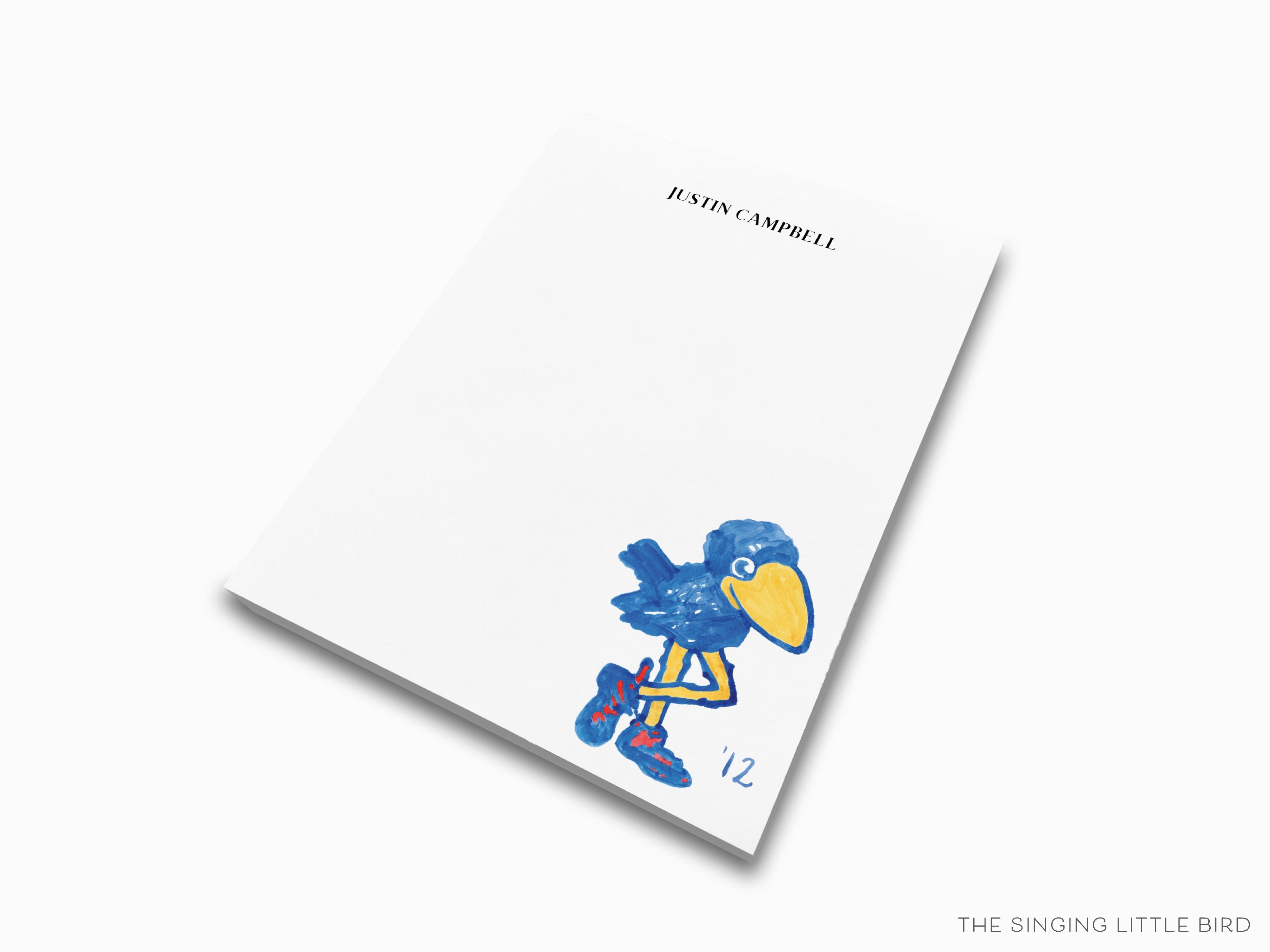 Personalized Kansas 1912 Jayhawk Notepad [Officially Licensed]-These personalized notepads feature our hand-painted watercolor 1912 Jayhawk, printed in the USA on a beautiful smooth stock. You choose which size you want (or bundled together for a beautiful gift set) and makes a great gift for the checklist and University of Kansas lover in your life.-The Singing Little Bird