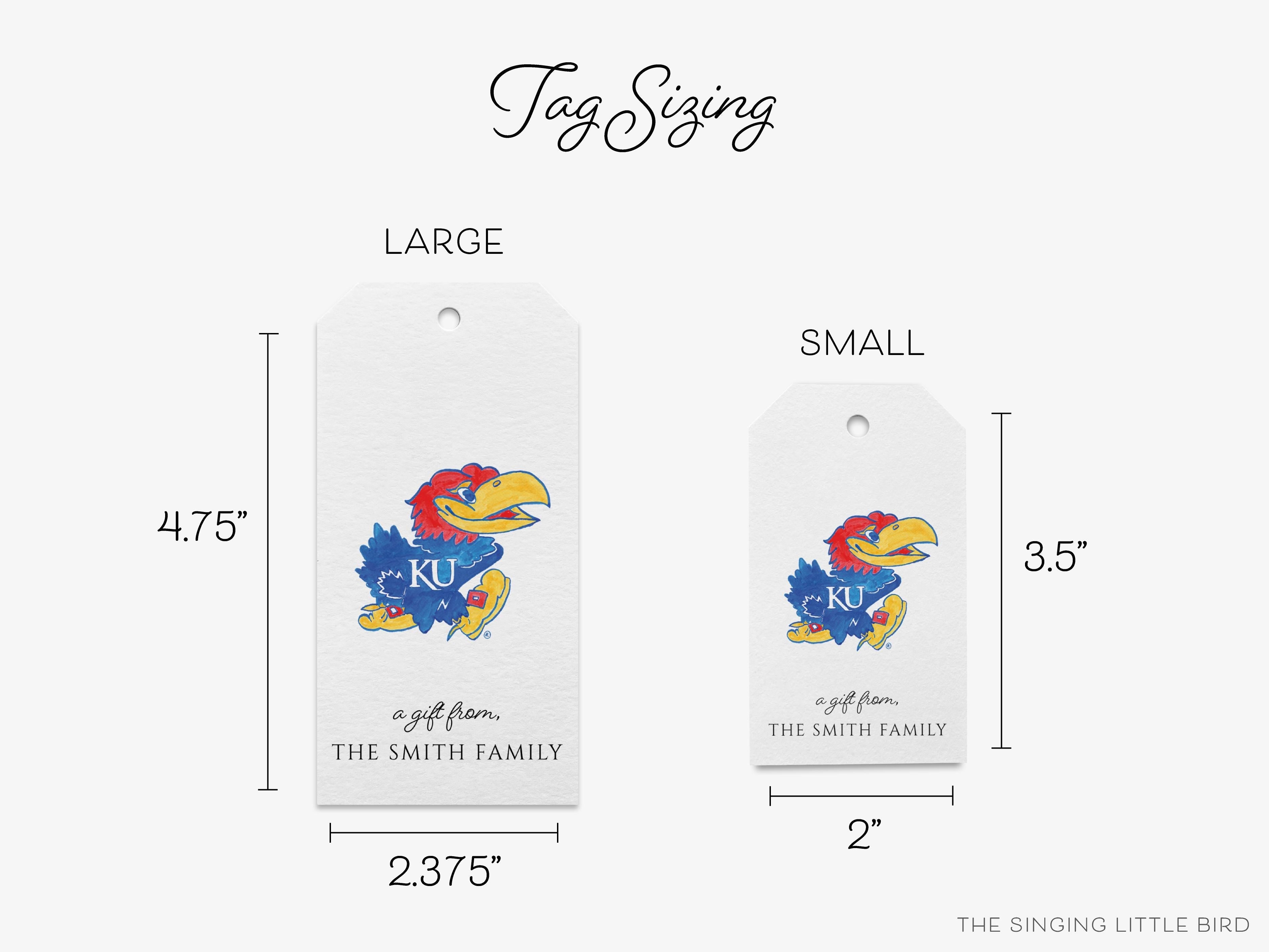 Personalized Kansas Jayhawk Gift Tags [Officially Licensed]-These gift tags come in sets, hole-punched with white twine and feature our hand-painted watercolor Kansas Jayhawk, printed in the USA on 120lb textured stock. They make great tags for gifting or gifts for the University of Kansas lover in your life.-The Singing Little Bird