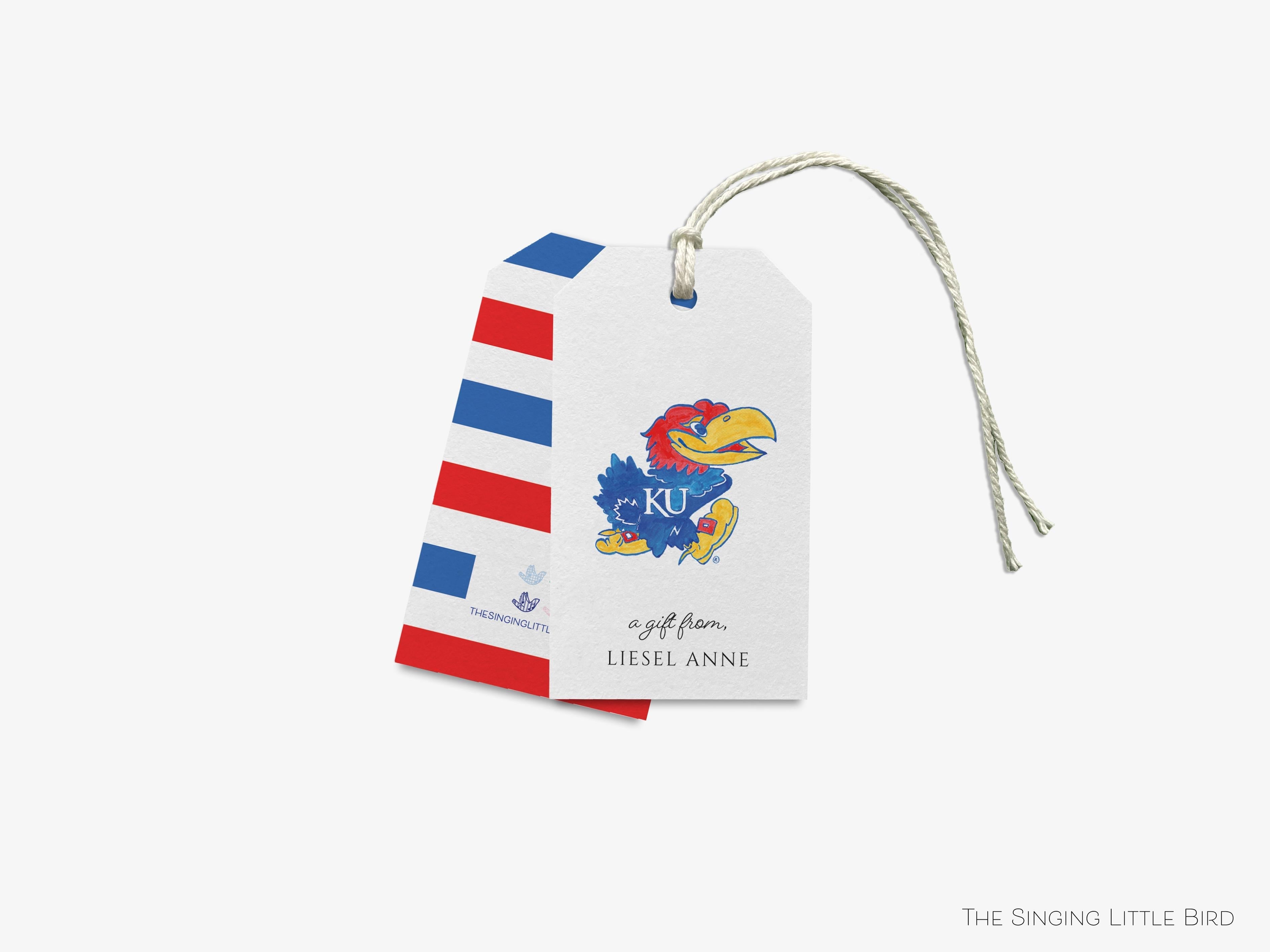 Personalized Kansas Jayhawk Gift Tags [Officially Licensed]-These gift tags come in sets, hole-punched with white twine and feature our hand-painted watercolor Kansas Jayhawk, printed in the USA on 120lb textured stock. They make great tags for gifting or gifts for the University of Kansas lover in your life.-The Singing Little Bird