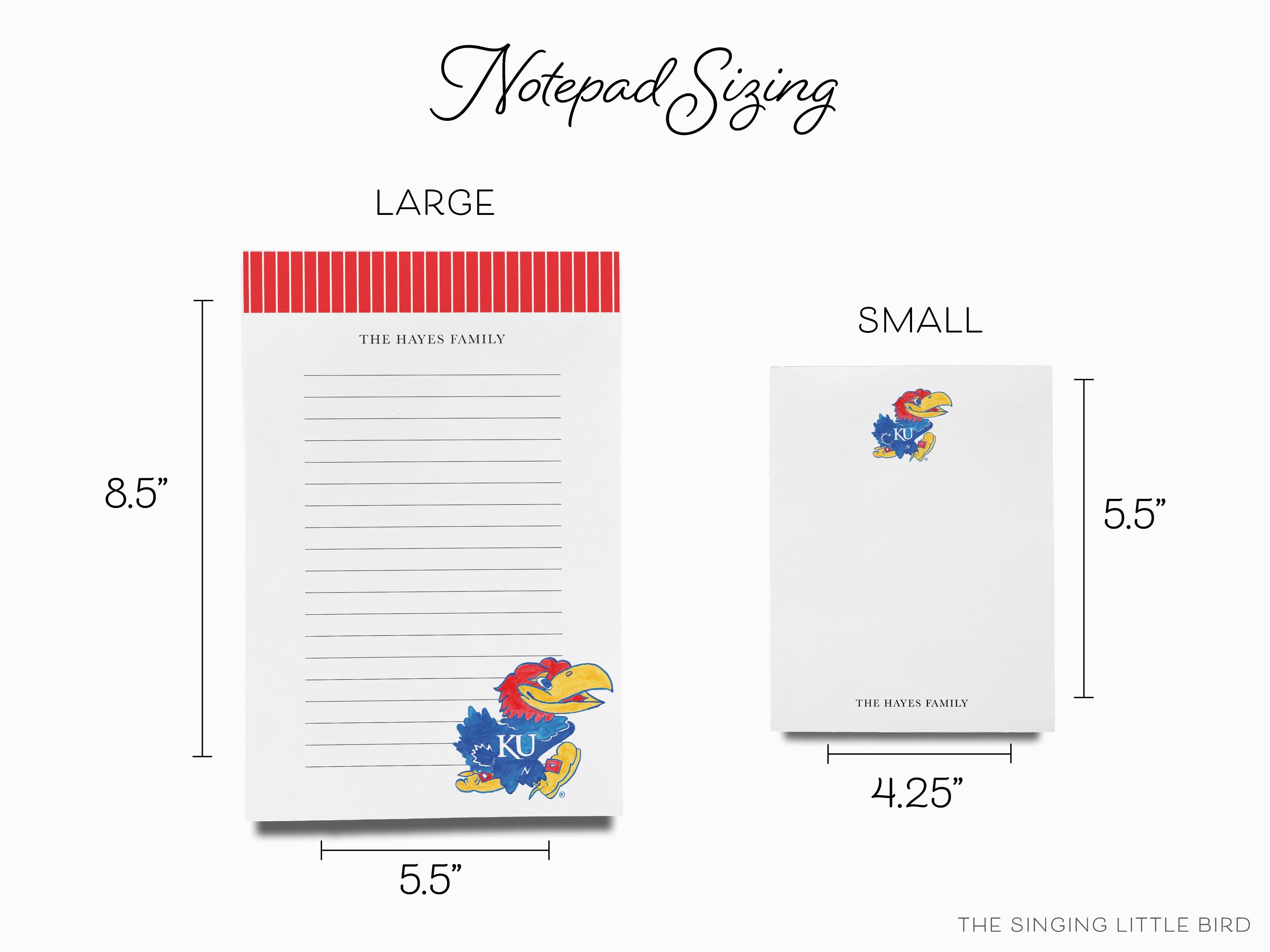 Personalized Kansas Jayhawk Notepad [Officially Licensed]-These personalized notepads feature our hand-painted watercolor Jayhawk, printed in the USA on a beautiful smooth stock. You choose which size you want (or bundled together for a beautiful gift set) and makes a great gift for the checklist and University of Kansas lover in your life.-The Singing Little Bird