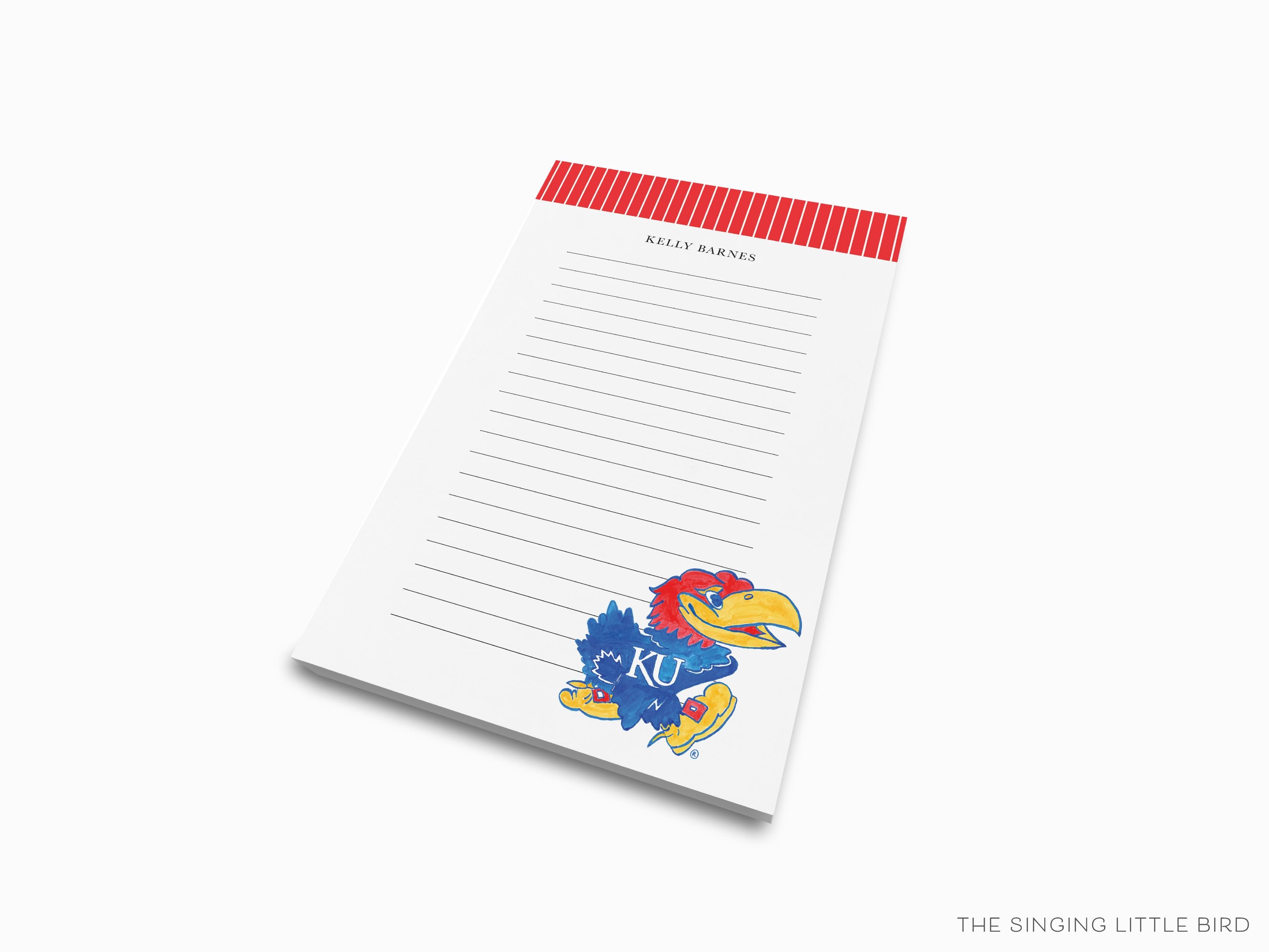 Personalized Kansas Jayhawk Notepad [Officially Licensed]-These personalized notepads feature our hand-painted watercolor Jayhawk, printed in the USA on a beautiful smooth stock. You choose which size you want (or bundled together for a beautiful gift set) and makes a great gift for the checklist and University of Kansas lover in your life.-The Singing Little Bird