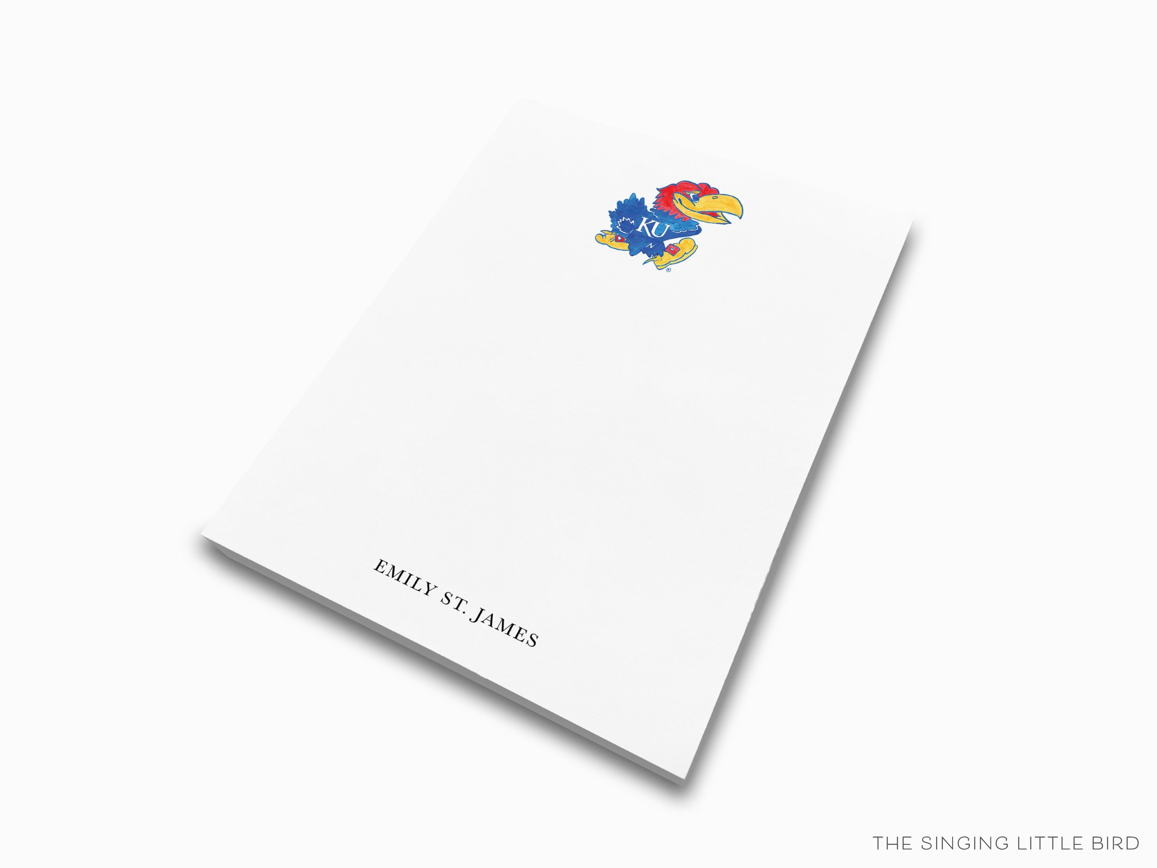 Personalized Kansas Jayhawk Notepad [Officially Licensed]-These personalized notepads feature our hand-painted watercolor Jayhawk, printed in the USA on a beautiful smooth stock. You choose which size you want (or bundled together for a beautiful gift set) and makes a great gift for the checklist and University of Kansas lover in your life.-The Singing Little Bird