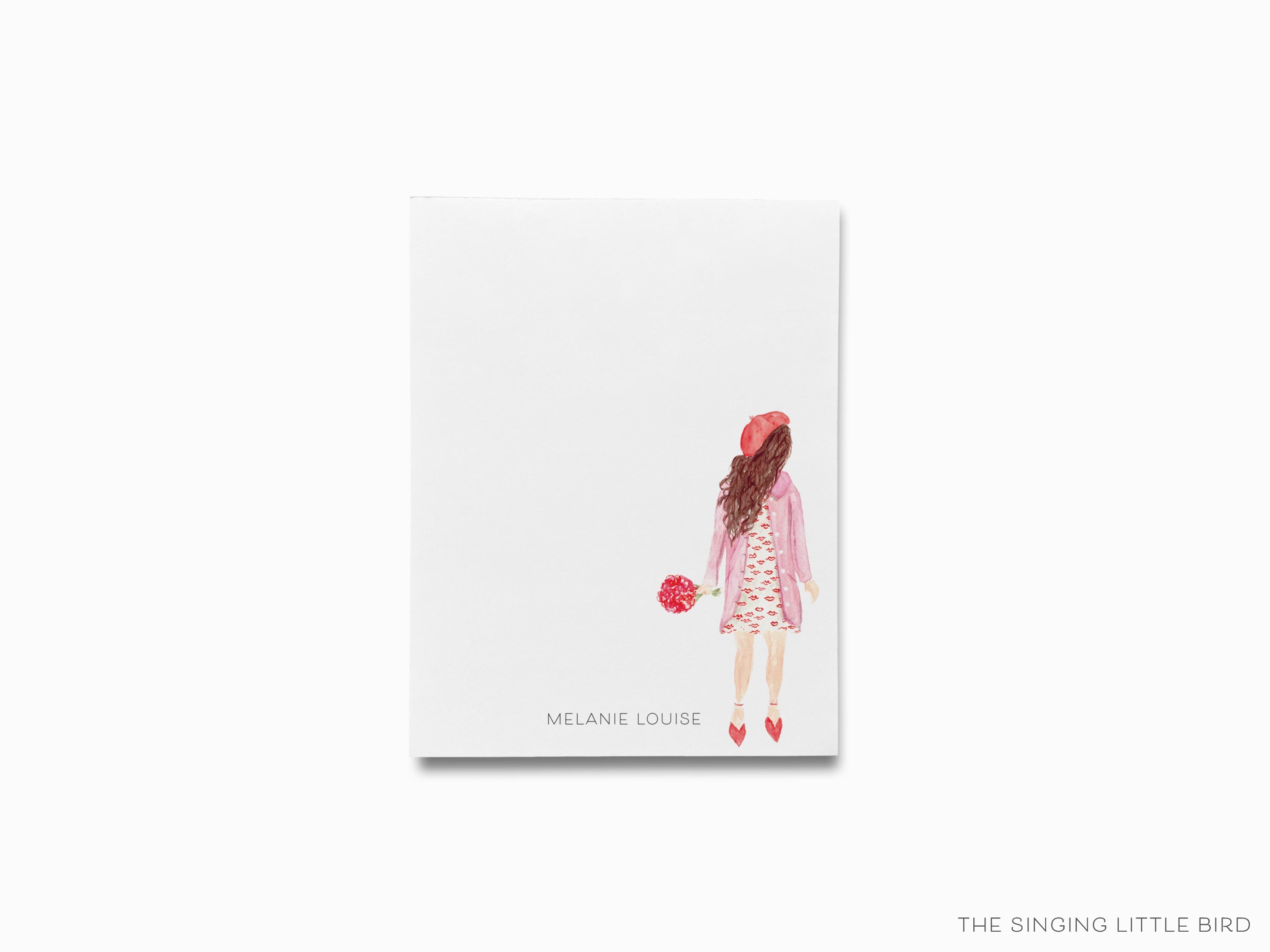 Personalized Kiss Dress Girl Fashion Notepad-These personalized notepads feature our hand-painted watercolor girl in lips dress, printed in the USA on a beautiful smooth stock. You choose which size you want (or bundled together for a beautiful gift set) and makes a great gift for the checklist and fashion lover in your life.-The Singing Little Bird