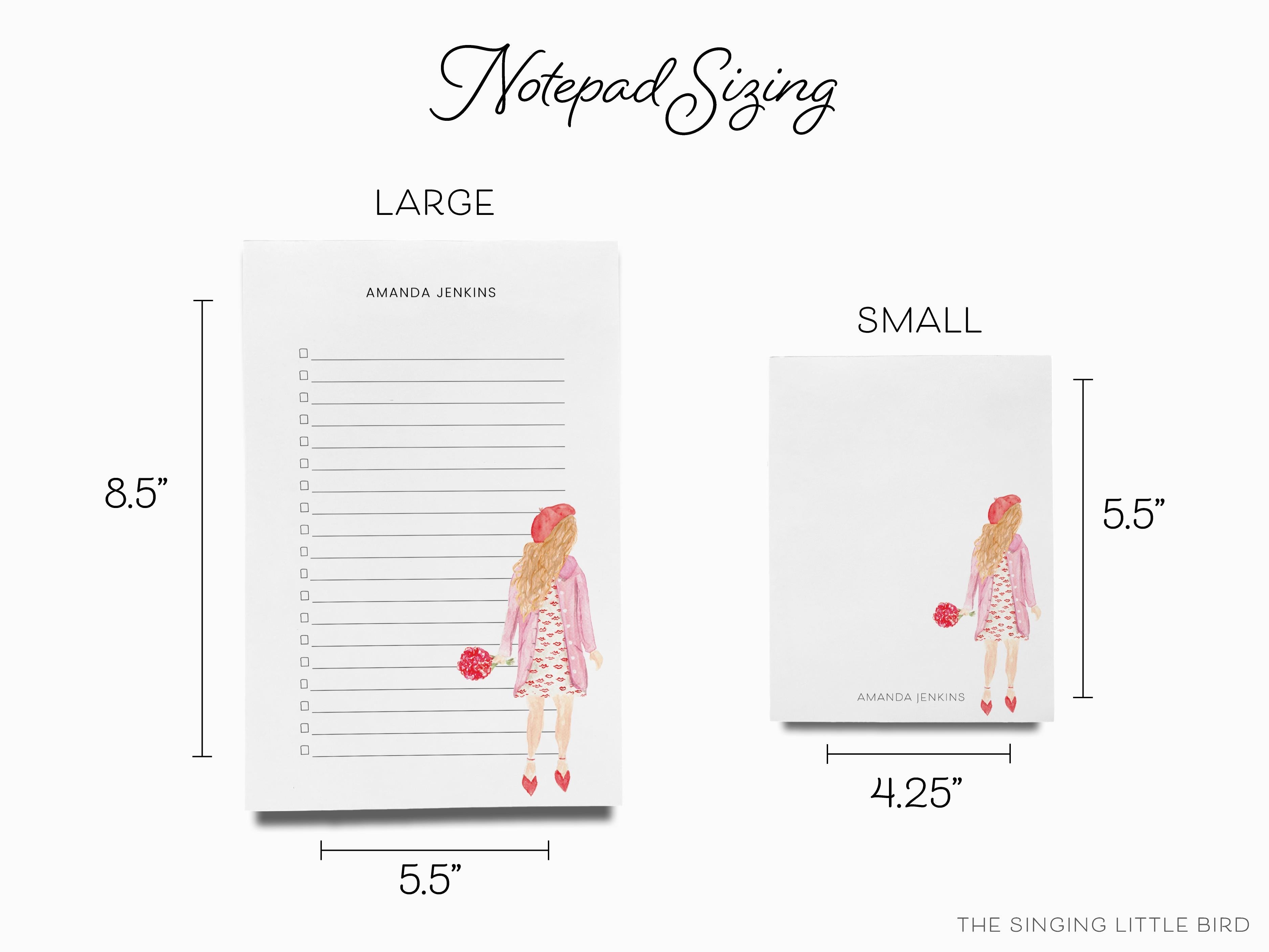 Personalized Kiss Dress Girl Fashion Notepad-These personalized notepads feature our hand-painted watercolor girl in lips dress, printed in the USA on a beautiful smooth stock. You choose which size you want (or bundled together for a beautiful gift set) and makes a great gift for the checklist and fashion lover in your life.-The Singing Little Bird