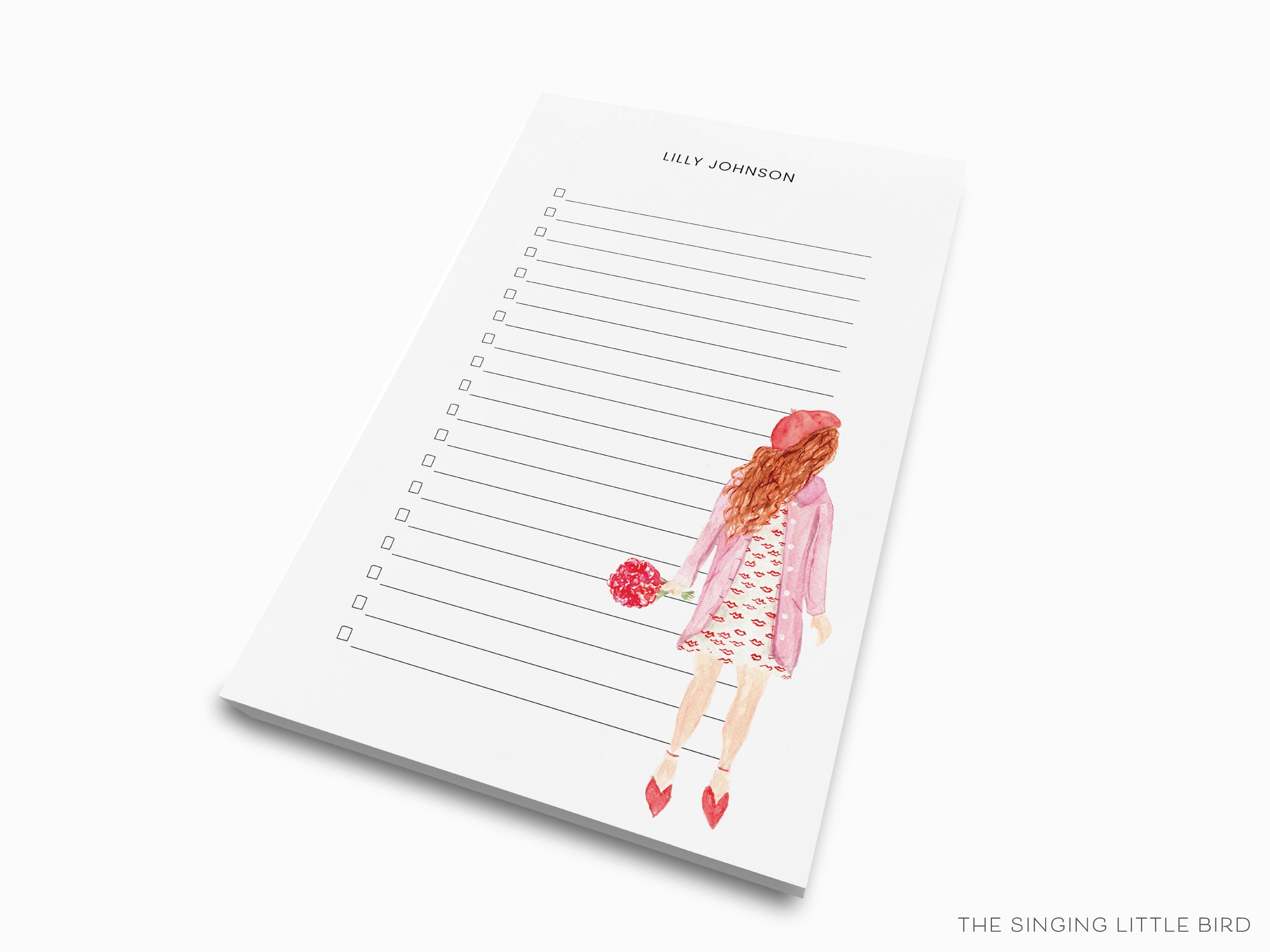 Personalized Kiss Dress Girl Fashion Notepad-These personalized notepads feature our hand-painted watercolor girl in lips dress, printed in the USA on a beautiful smooth stock. You choose which size you want (or bundled together for a beautiful gift set) and makes a great gift for the checklist and fashion lover in your life.-The Singing Little Bird