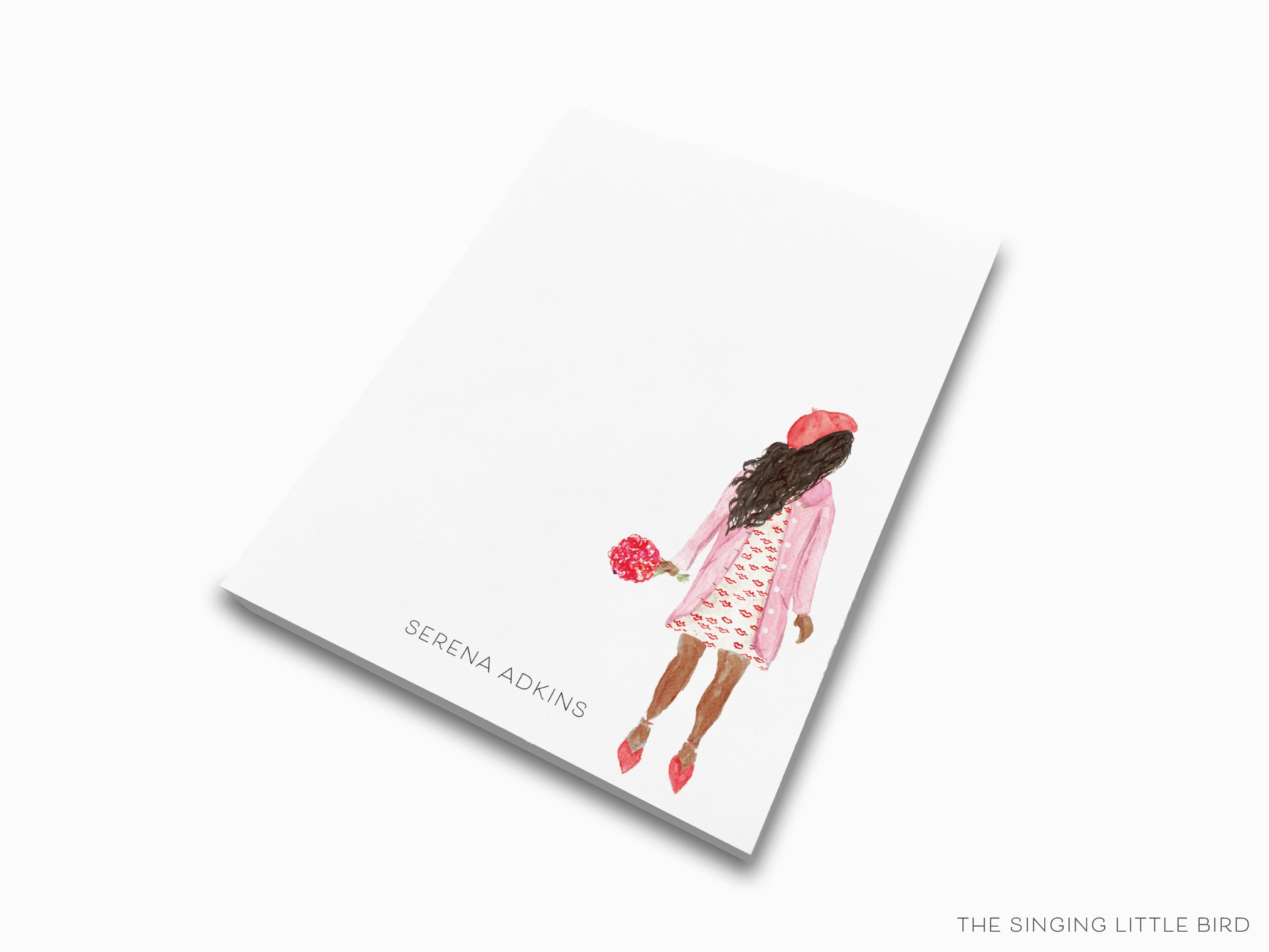 Personalized Kiss Dress Girl Fashion Notepad-These personalized notepads feature our hand-painted watercolor girl in lips dress, printed in the USA on a beautiful smooth stock. You choose which size you want (or bundled together for a beautiful gift set) and makes a great gift for the checklist and fashion lover in your life.-The Singing Little Bird