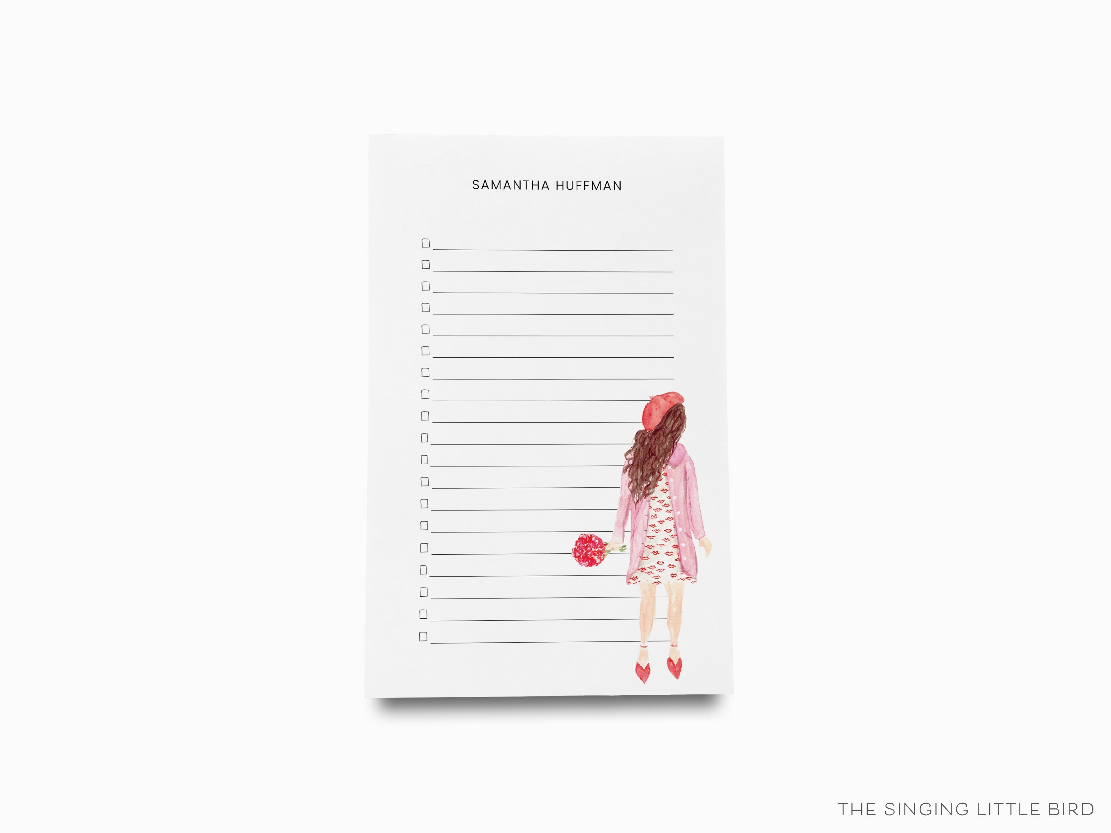 Personalized Kiss Dress Girl Fashion Notepad-These personalized notepads feature our hand-painted watercolor girl in lips dress, printed in the USA on a beautiful smooth stock. You choose which size you want (or bundled together for a beautiful gift set) and makes a great gift for the checklist and fashion lover in your life.-The Singing Little Bird