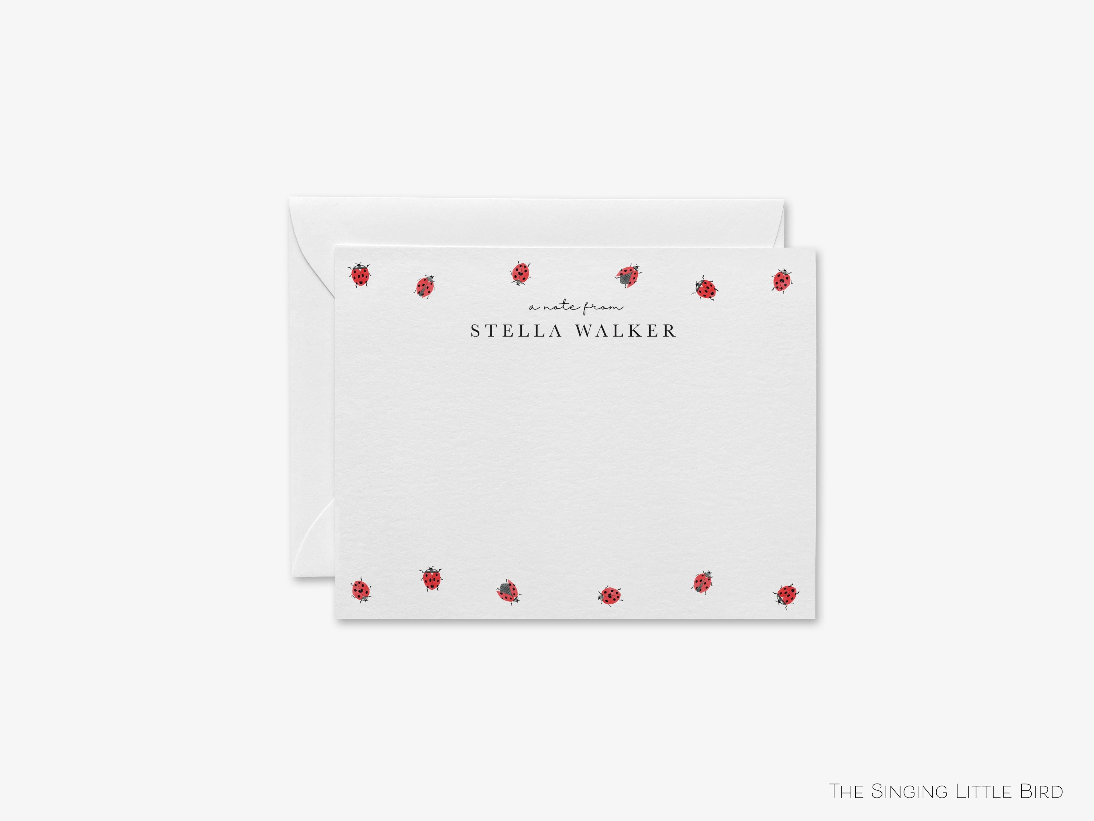 Personalized Ladybug Flat Notes-These personalized flat notecards are 4.25x5.5 and feature our hand-painted watercolor ladybugs, printed in the USA on 120lb textured stock. They come with your choice of envelopes and make great thank yous and gifts for the ladybird lover in your life.-The Singing Little Bird