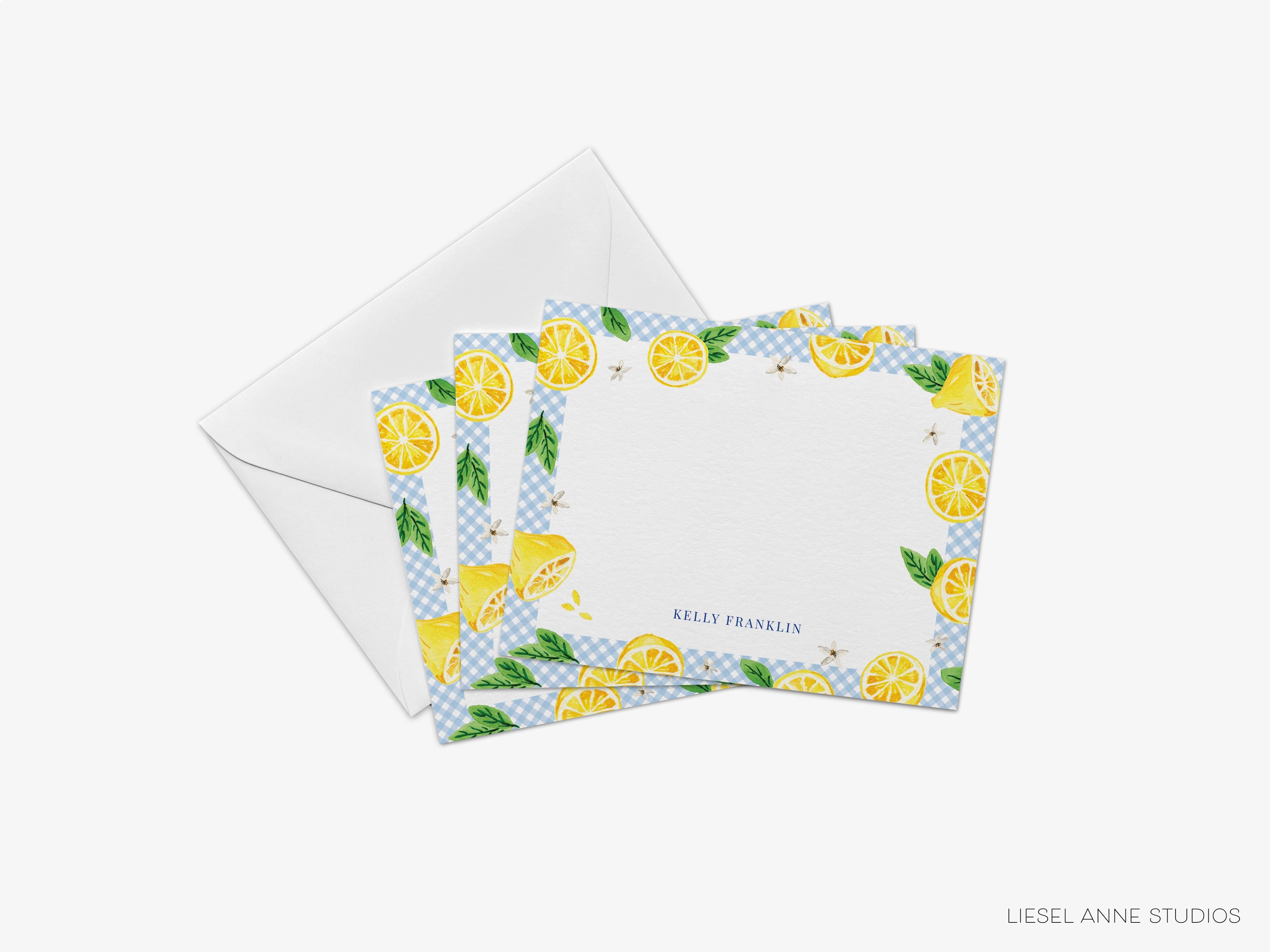Personalized Lemon Gingham Flat Notes-These personalized flat notecards are 4.25x5.5 and feature our hand-painted watercolor lemon, printed in the USA on 120lb textured stock. They come with your choice of envelopes and make great thank yous and gifts for the citrus lover in your life.-The Singing Little Bird